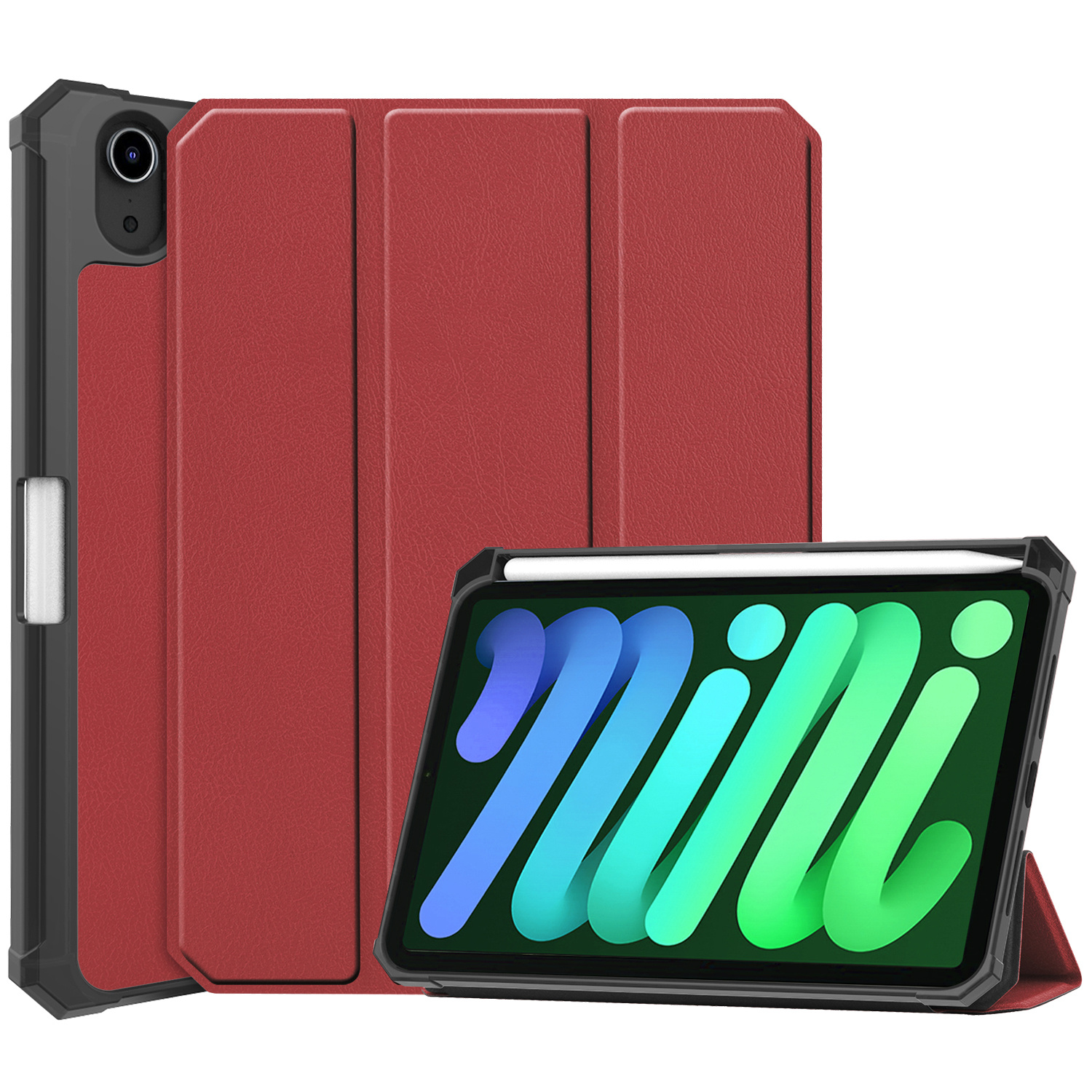 BASEY. Hoesje Geschikt voor iPad Mini 6 Hoes Case Tablet Hoesje Tri-fold Met Uitsparing Geschikt voor Apple Pencil - Hoes Geschikt voor iPad Mini 6 Hoesje Hard Cover Bookcase Hoes - Donkerrood