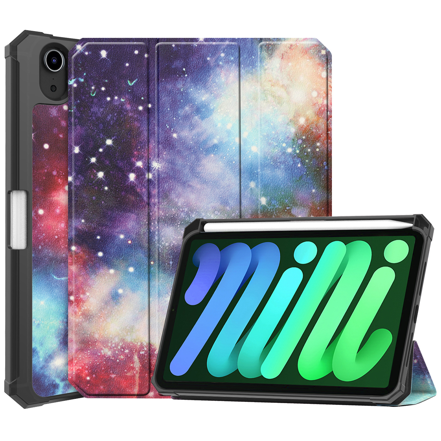 BASEY. Hoesje Geschikt voor iPad Mini 6 Hoes Case Tablet Hoesje Tri-fold Met Uitsparing Geschikt voor Apple Pencil - Hoes Geschikt voor iPad Mini 6 Hoesje Hard Cover Bookcase Hoes - Galaxy