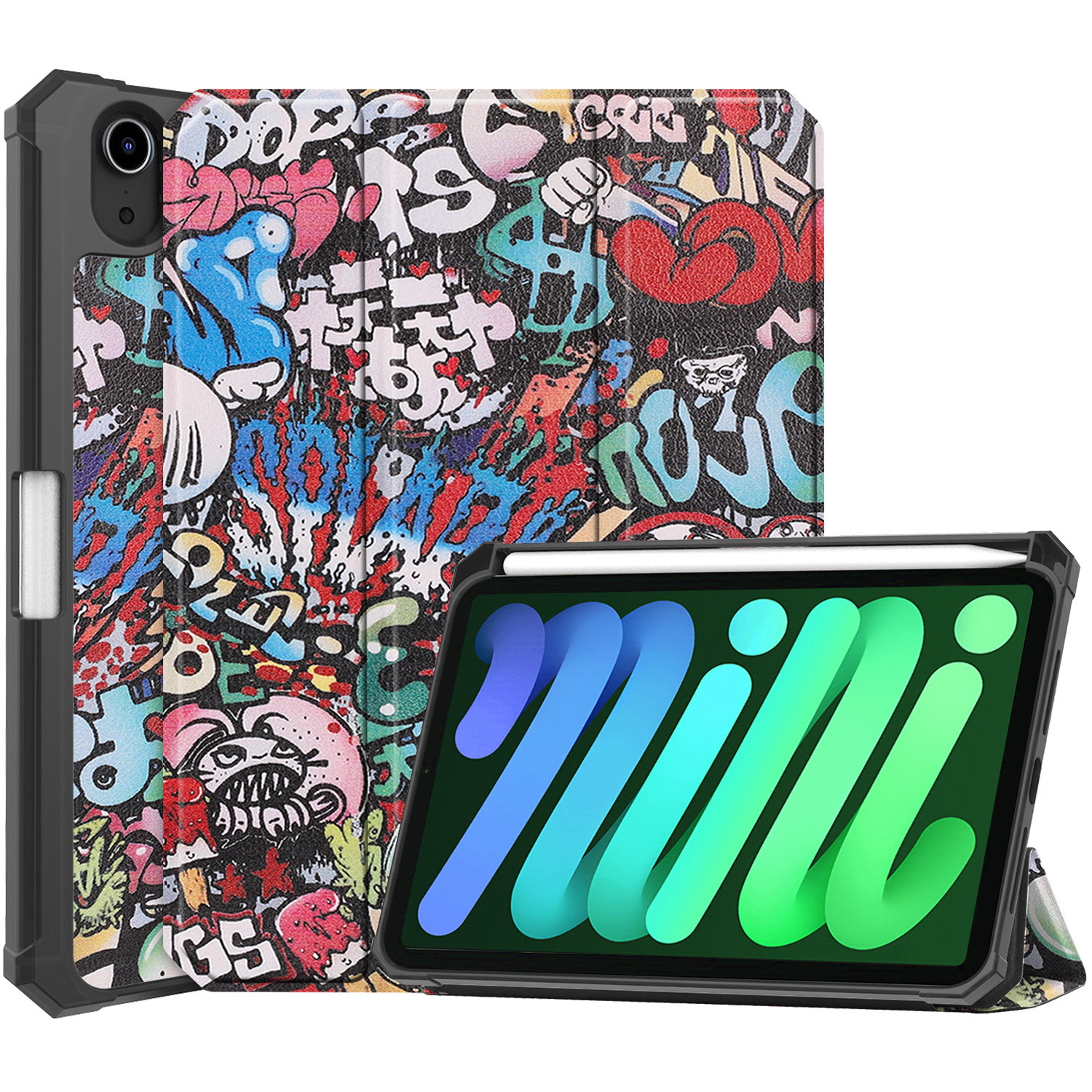 BASEY. Hoesje Geschikt voor iPad Mini 6 Hoes Case Tablet Hoesje Tri-fold Met Uitsparing Geschikt voor Apple Pencil - Hoes Geschikt voor iPad Mini 6 Hoesje Hard Cover Bookcase Hoes - Graffity