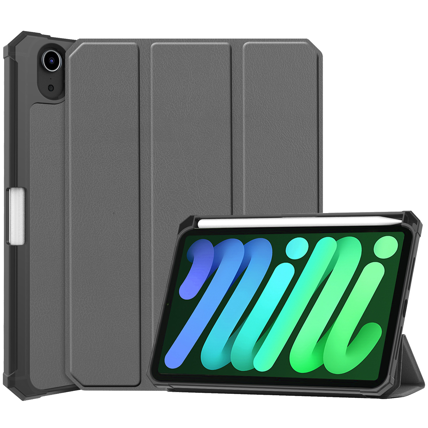 BASEY. Hoesje Geschikt voor iPad Mini 6 Hoes Case Tablet Hoesje Tri-fold Met Uitsparing Geschikt voor Apple Pencil - Hoes Geschikt voor iPad Mini 6 Hoesje Hard Cover Bookcase Hoes - Grijs