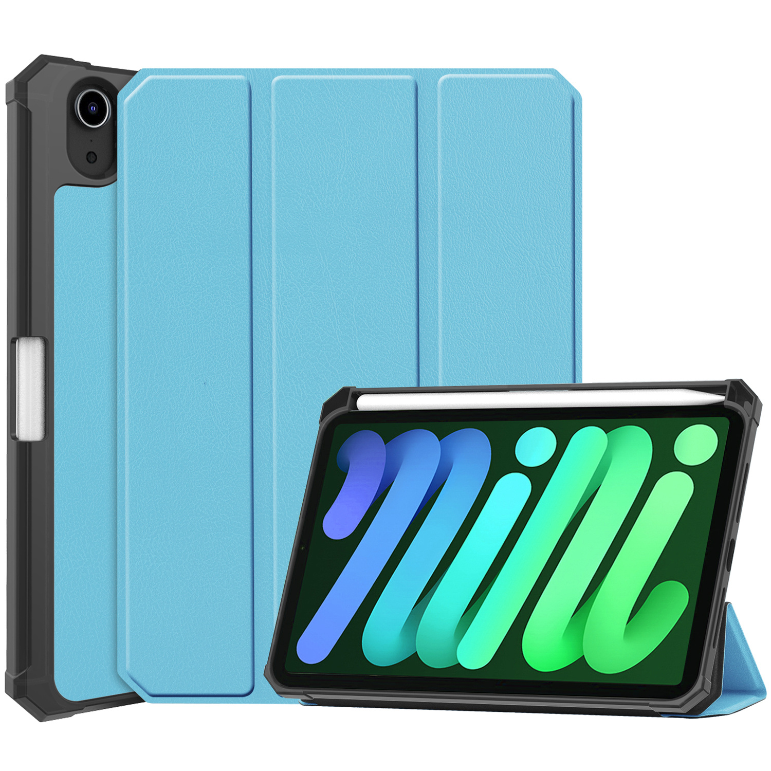 BASEY. Hoesje Geschikt voor iPad Mini 6 Hoes Case Tablet Hoesje Tri-fold Met Uitsparing Geschikt voor Apple Pencil - Hoes Geschikt voor iPad Mini 6 Hoesje Hard Cover Bookcase Hoes - Lichtblauw