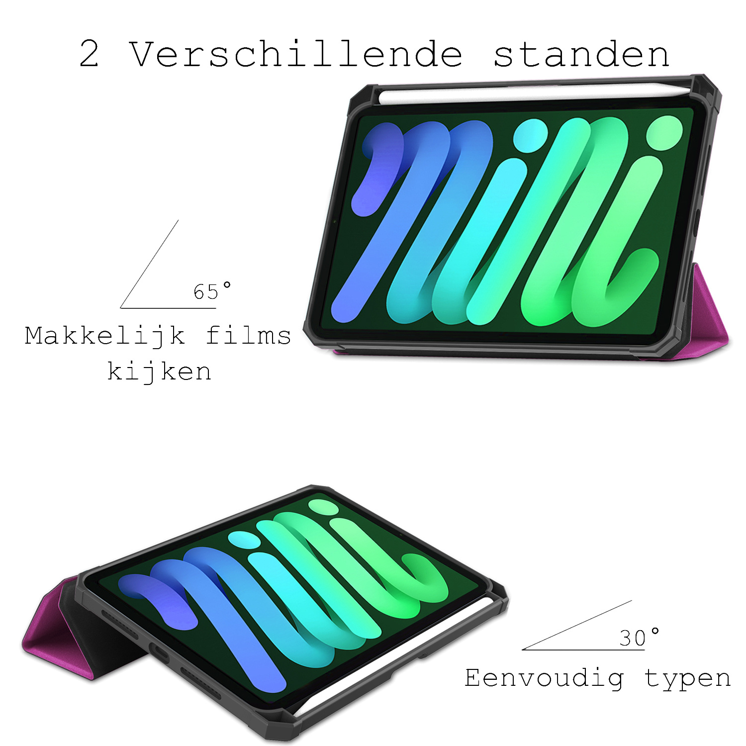 BASEY. Hoesje Geschikt voor iPad Mini 6 Hoes Case Tablet Hoesje Tri-fold Met Uitsparing Geschikt voor Apple Pencil - Hoes Geschikt voor iPad Mini 6 Hoesje Hard Cover Bookcase Hoes - Paars