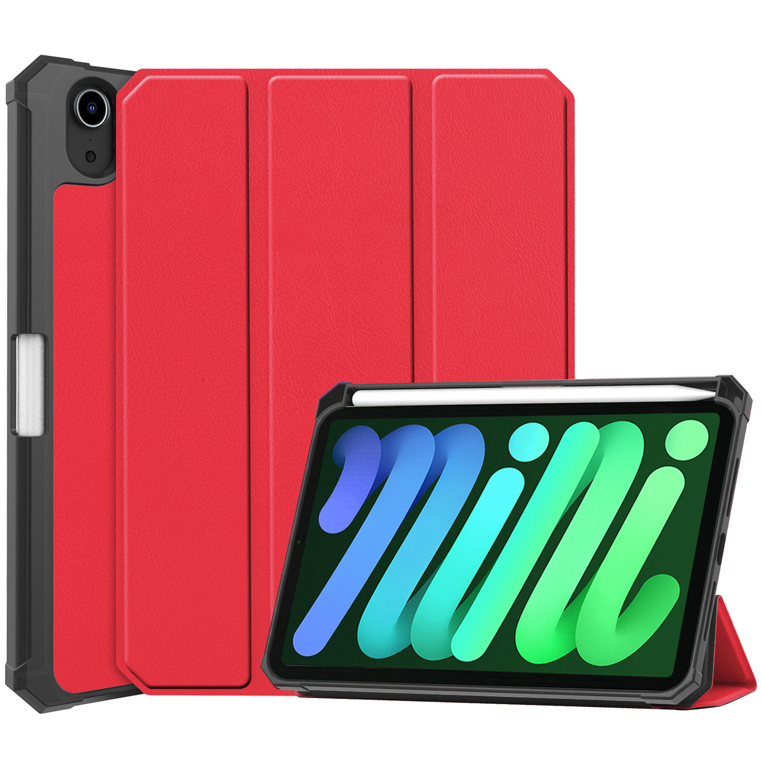 BASEY. Hoesje Geschikt voor iPad Mini 6 Hoes Case Tablet Hoesje Tri-fold Met Uitsparing Geschikt voor Apple Pencil - Hoes Geschikt voor iPad Mini 6 Hoesje Hard Cover Bookcase Hoes - Rood