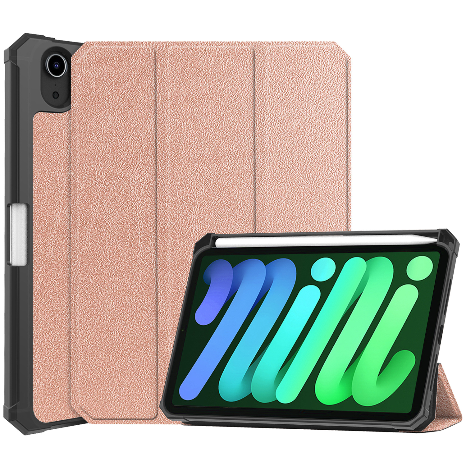 BASEY. Hoesje Geschikt voor iPad Mini 6 Hoes Case Tablet Hoesje Tri-fold Met Uitsparing Geschikt voor Apple Pencil - Hoes Geschikt voor iPad Mini 6 Hoesje Hard Cover Bookcase Hoes - Rosé goud