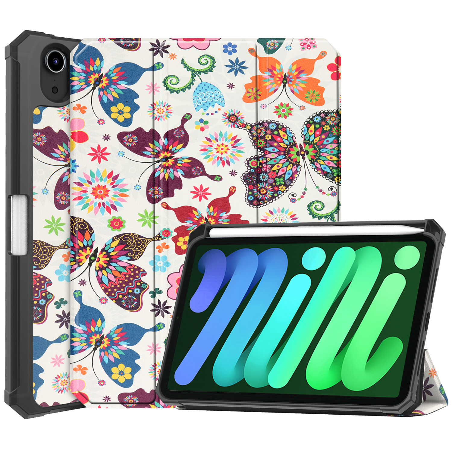 BASEY. Hoesje Geschikt voor iPad Mini 6 Hoes Case Tablet Hoesje Tri-fold Met Uitsparing Geschikt voor Apple Pencil - Hoes Geschikt voor iPad Mini 6 Hoesje Hard Cover Bookcase Hoes - Vlinders