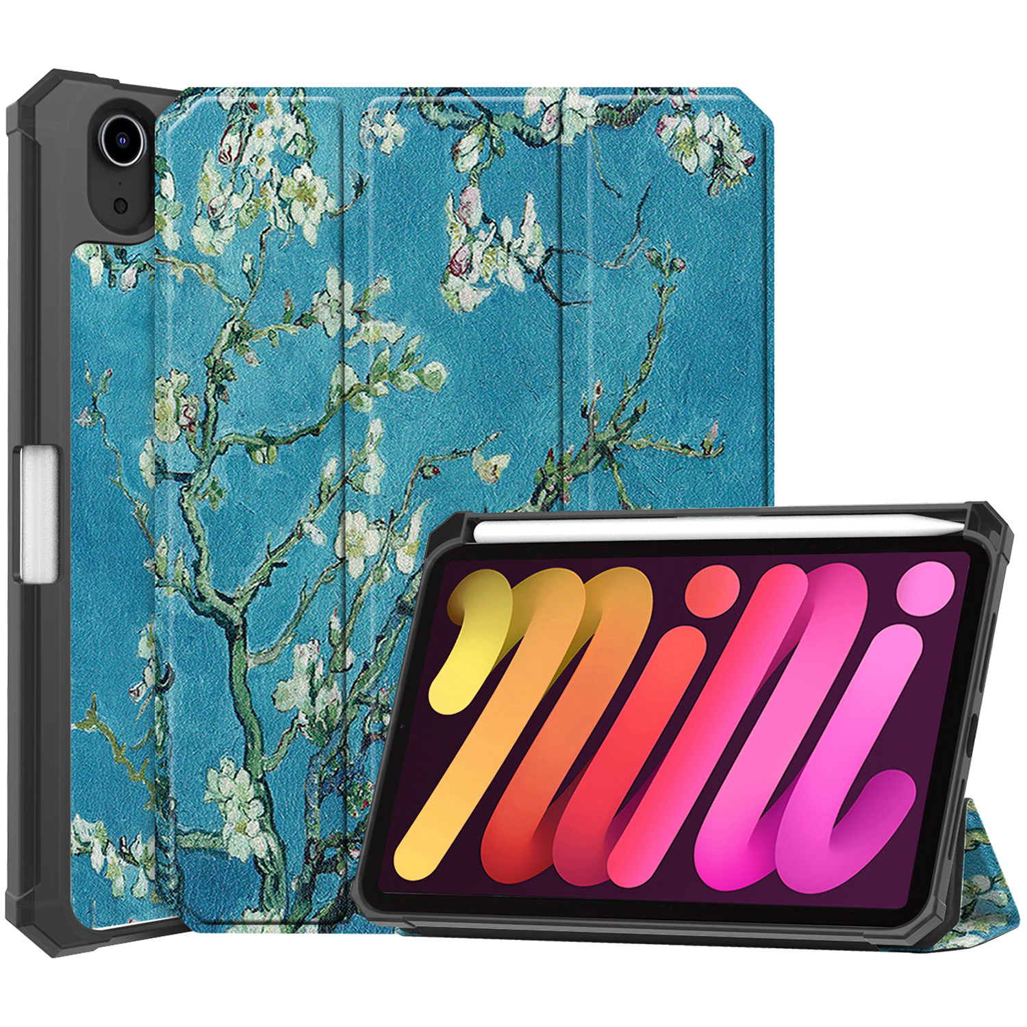 Nomfy Hoes Geschikt voor iPad Mini 6 Hoes Tri-fold Tablet Hoesje Case Met Uitsparing Geschikt voor Apple Pencil - Hoesje Geschikt voor iPad Mini 6 Hoesje Hardcover Bookcase - Bloesem