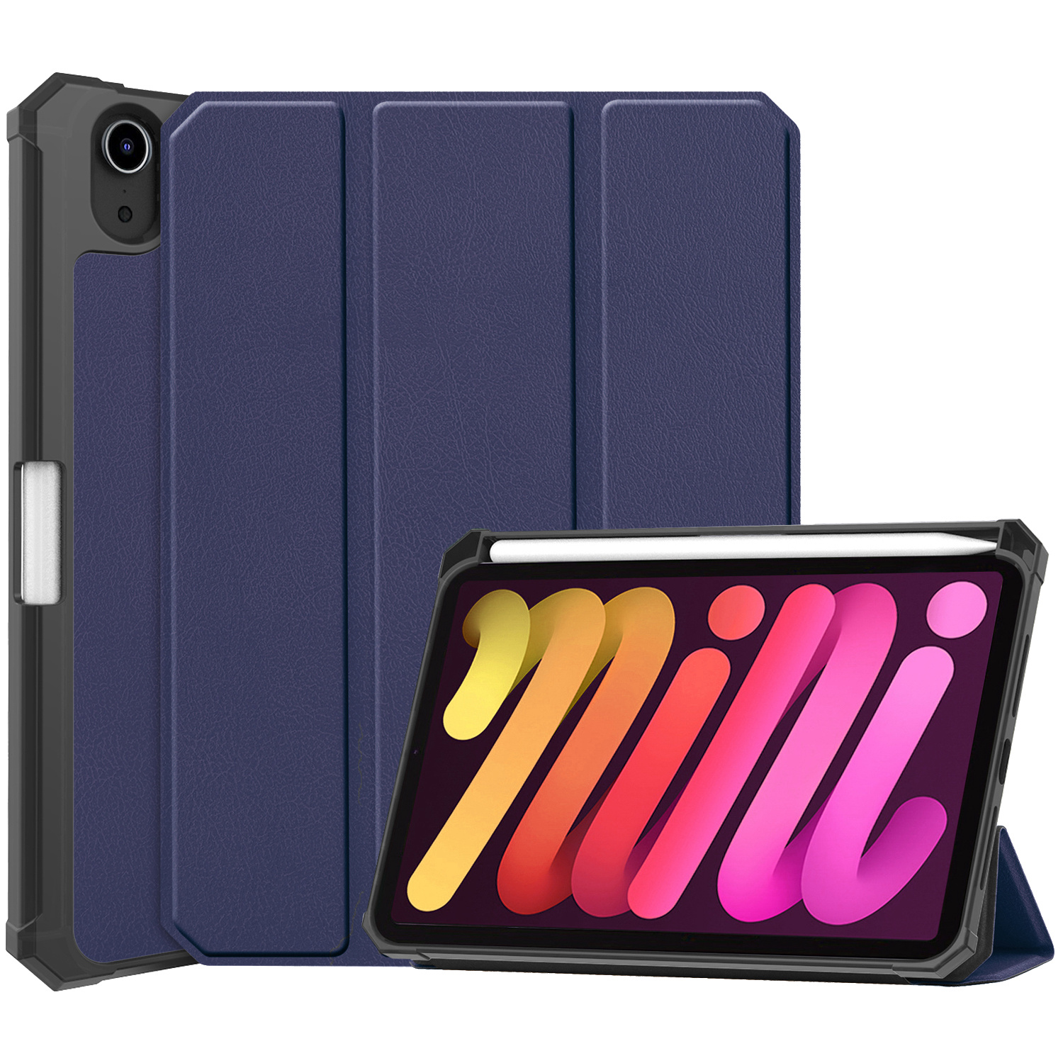 Nomfy Hoes Geschikt voor iPad Mini 6 Hoes Tri-fold Tablet Hoesje Case Met Uitsparing Geschikt voor Apple Pencil - Hoesje Geschikt voor iPad Mini 6 Hoesje Hardcover Bookcase - Donkerblauw