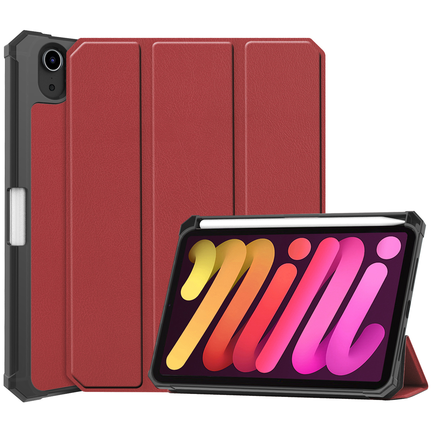 Nomfy Hoes Geschikt voor iPad Mini 6 Hoes Tri-fold Tablet Hoesje Case Met Uitsparing Geschikt voor Apple Pencil - Hoesje Geschikt voor iPad Mini 6 Hoesje Hardcover Bookcase - Donkerrood