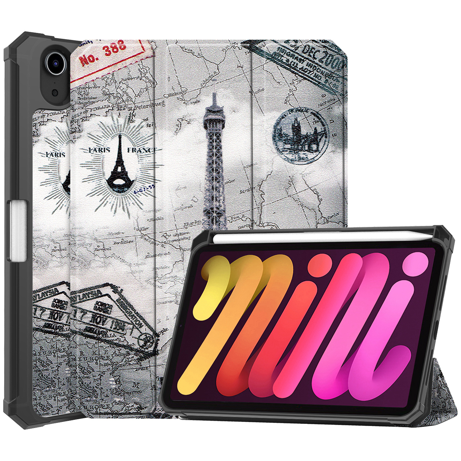 Nomfy Hoes Geschikt voor iPad Mini 6 Hoes Tri-fold Tablet Hoesje Case Met Uitsparing Geschikt voor Apple Pencil - Hoesje Geschikt voor iPad Mini 6 Hoesje Hardcover Bookcase - Eiffeltoren