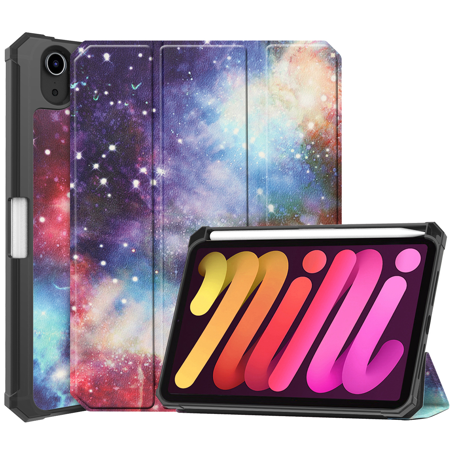 Nomfy Hoes Geschikt voor iPad Mini 6 Hoes Tri-fold Tablet Hoesje Case Met Uitsparing Geschikt voor Apple Pencil - Hoesje Geschikt voor iPad Mini 6 Hoesje Hardcover Bookcase - Galaxy