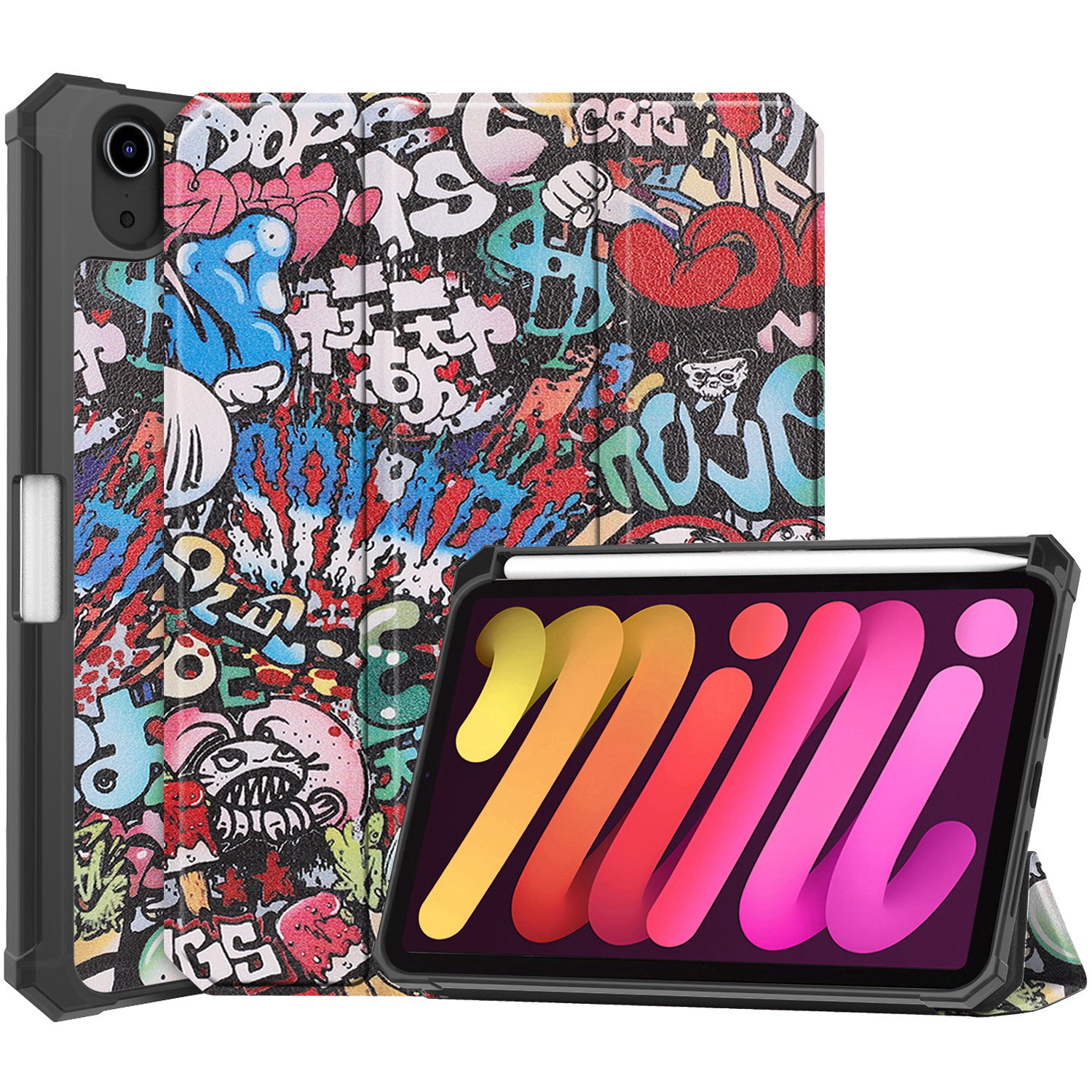 Nomfy Hoes Geschikt voor iPad Mini 6 Hoes Tri-fold Tablet Hoesje Case Met Uitsparing Geschikt voor Apple Pencil - Hoesje Geschikt voor iPad Mini 6 Hoesje Hardcover Bookcase - Graffity