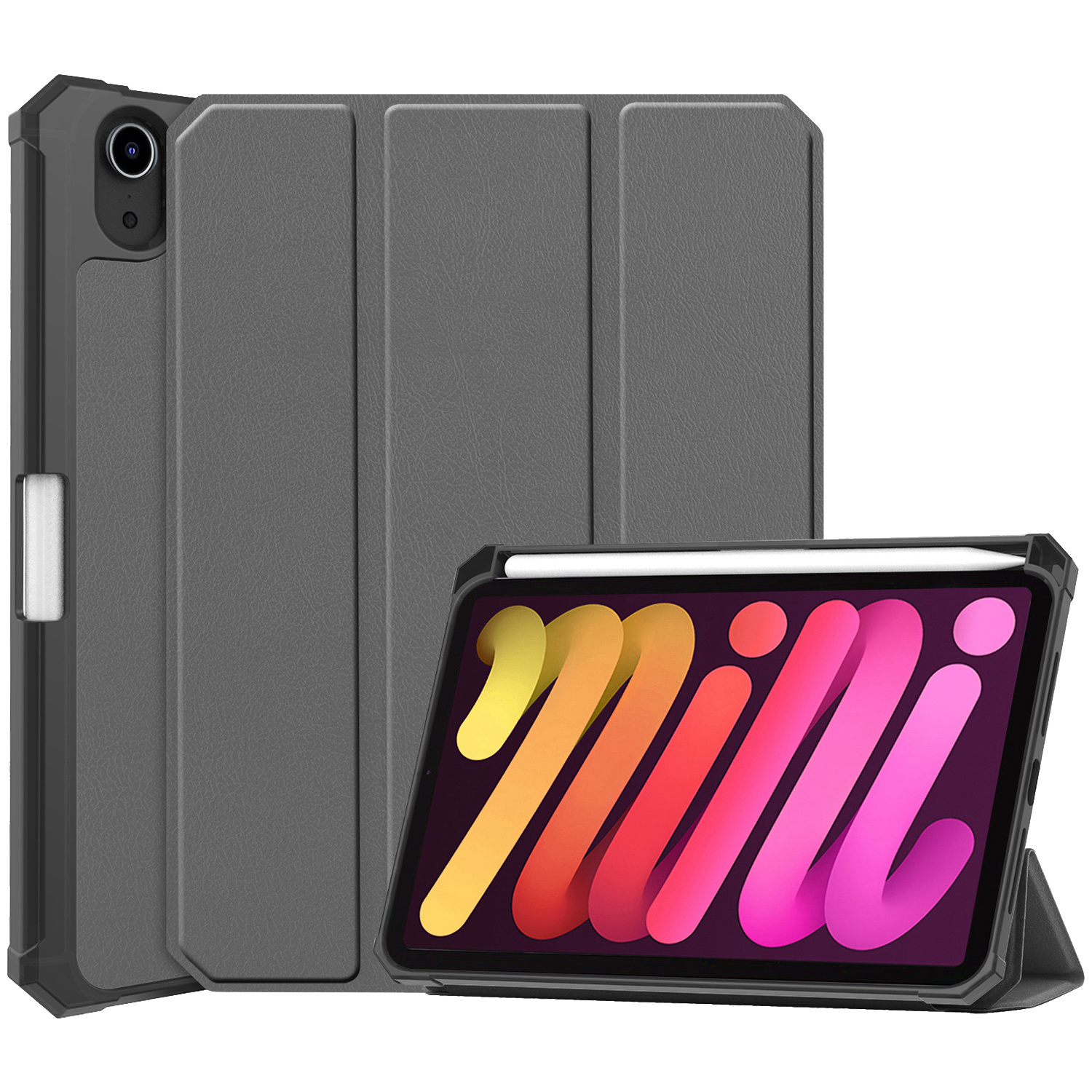 Nomfy Hoes Geschikt voor iPad Mini 6 Hoes Tri-fold Tablet Hoesje Case Met Uitsparing Geschikt voor Apple Pencil - Hoesje Geschikt voor iPad Mini 6 Hoesje Hardcover Bookcase - Grijs
