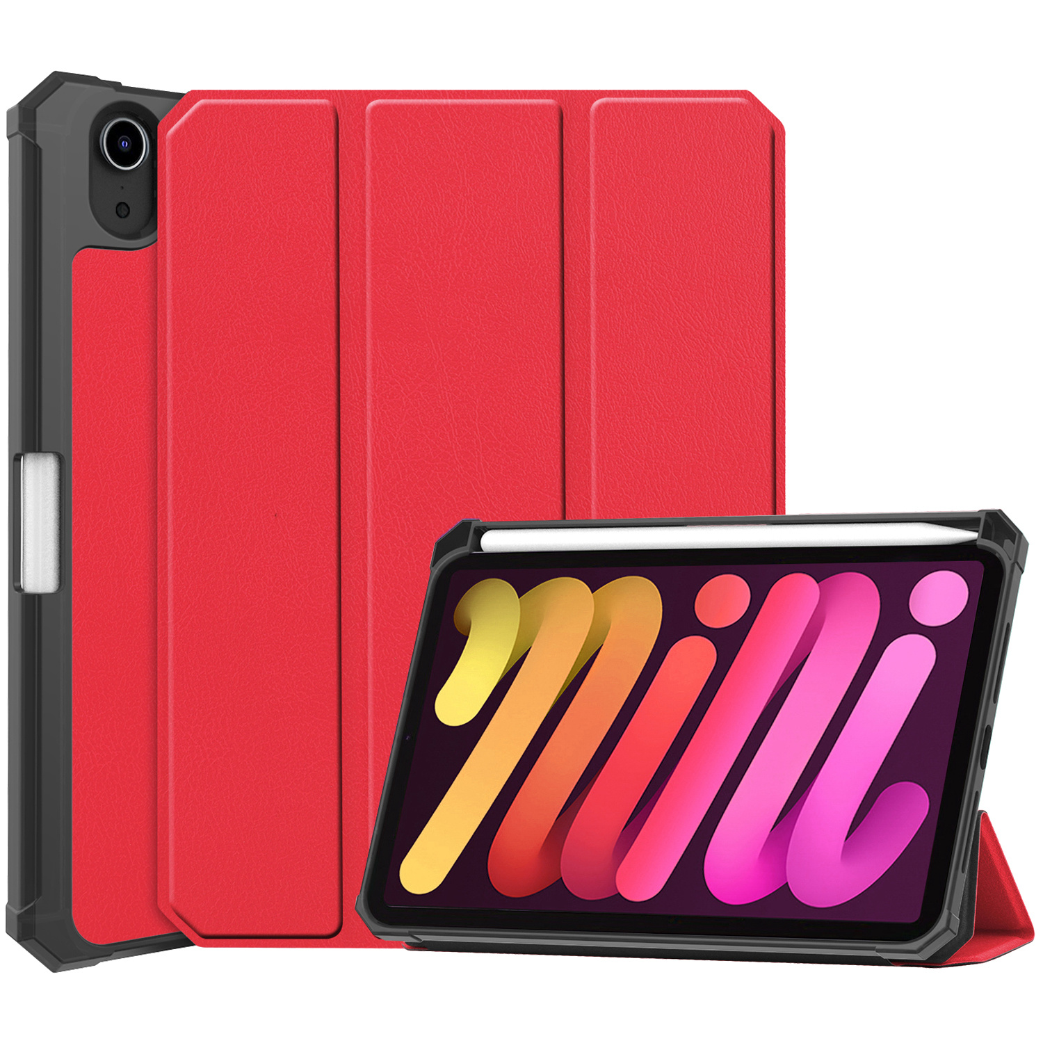 Nomfy Hoes Geschikt voor iPad Mini 6 Hoes Tri-fold Tablet Hoesje Case Met Uitsparing Geschikt voor Apple Pencil - Hoesje Geschikt voor iPad Mini 6 Hoesje Hardcover Bookcase - Rood