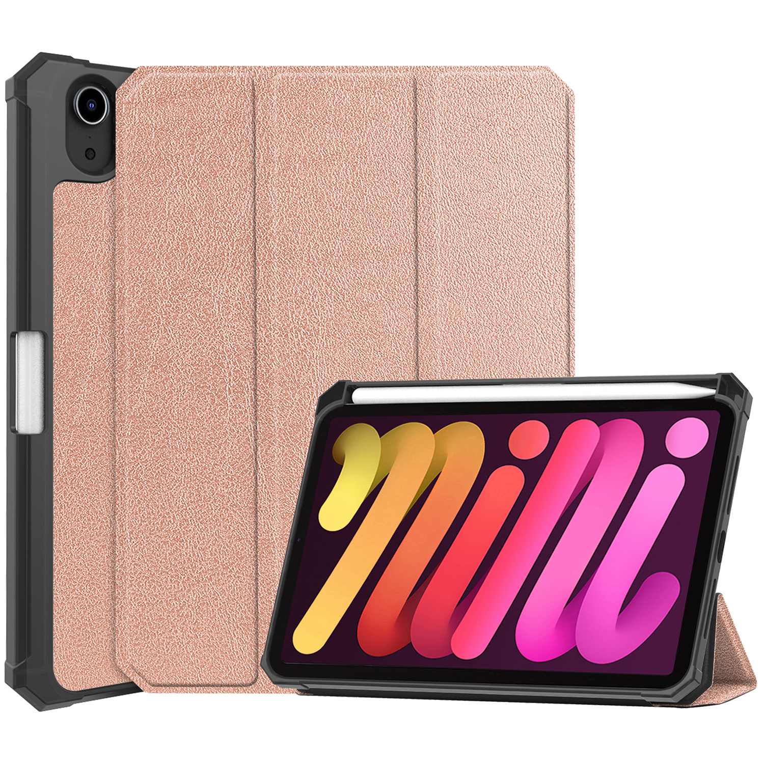 Nomfy Hoes Geschikt voor iPad Mini 6 Hoes Tri-fold Tablet Hoesje Case Met Uitsparing Geschikt voor Apple Pencil - Hoesje Geschikt voor iPad Mini 6 Hoesje Hardcover Bookcase - Rosé goud