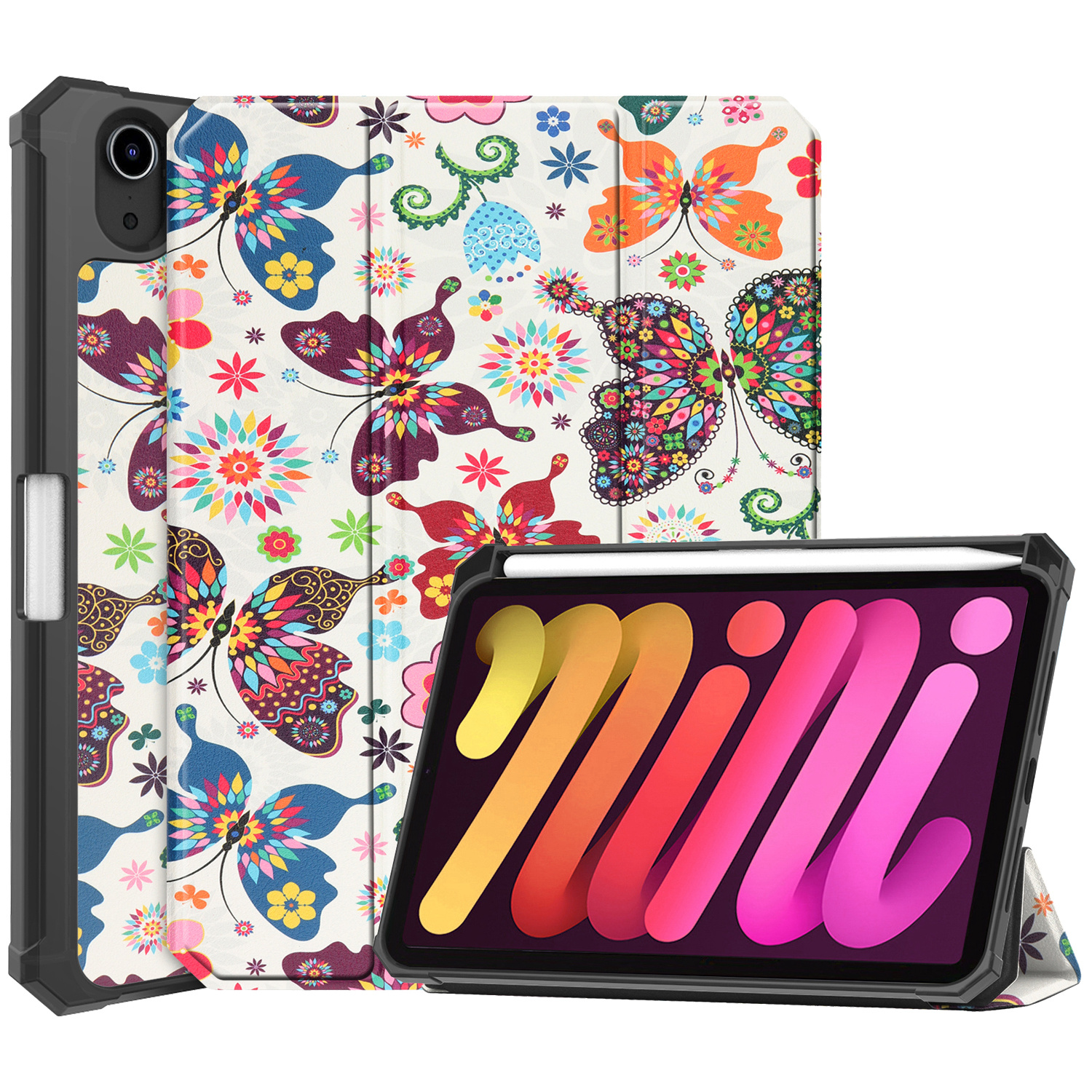 Nomfy Hoes Geschikt voor iPad Mini 6 Hoes Tri-fold Tablet Hoesje Case Met Uitsparing Geschikt voor Apple Pencil - Hoesje Geschikt voor iPad Mini 6 Hoesje Hardcover Bookcase - Vlinders