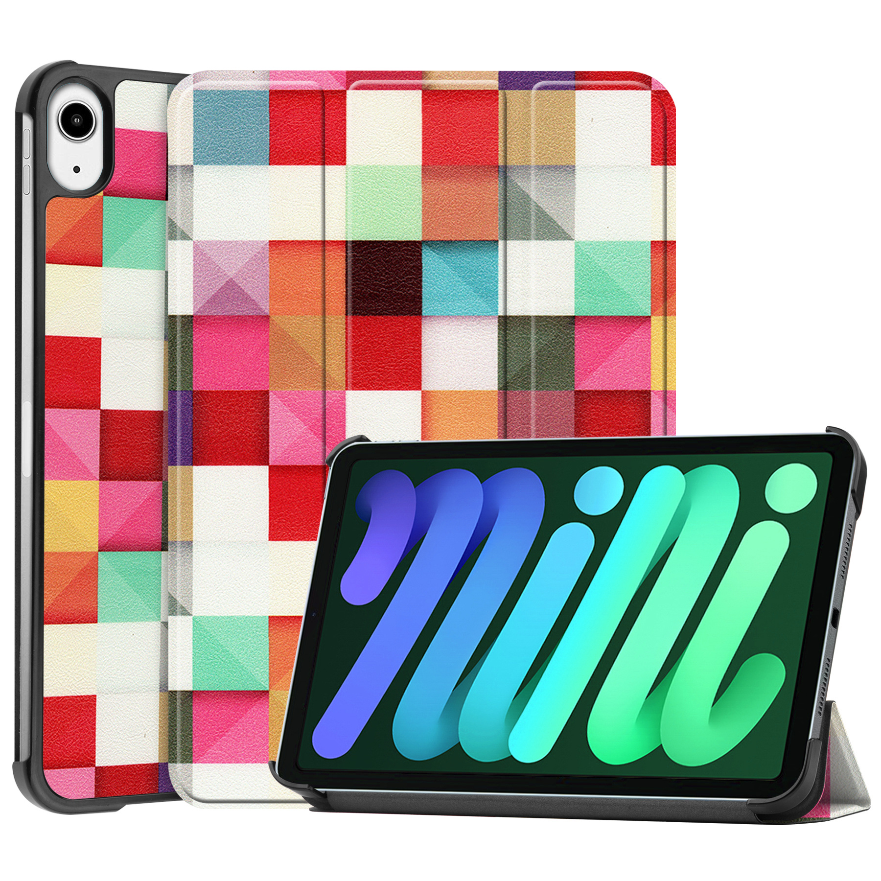 BASEY. Hoesje Geschikt voor iPad Mini 6 Hoes Case Tablet Hoesje Tri-fold - Hoes Geschikt voor iPad Mini 6 Hoesje Hard Cover Bookcase Hoes - Blokken