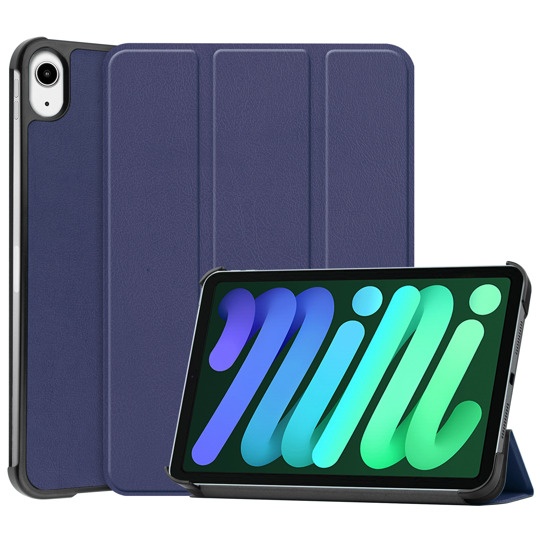 BASEY. Hoesje Geschikt voor iPad Mini 6 Hoes Case Tablet Hoesje Tri-fold - Hoes Geschikt voor iPad Mini 6 Hoesje Hard Cover Bookcase Hoes - Donkerblauw