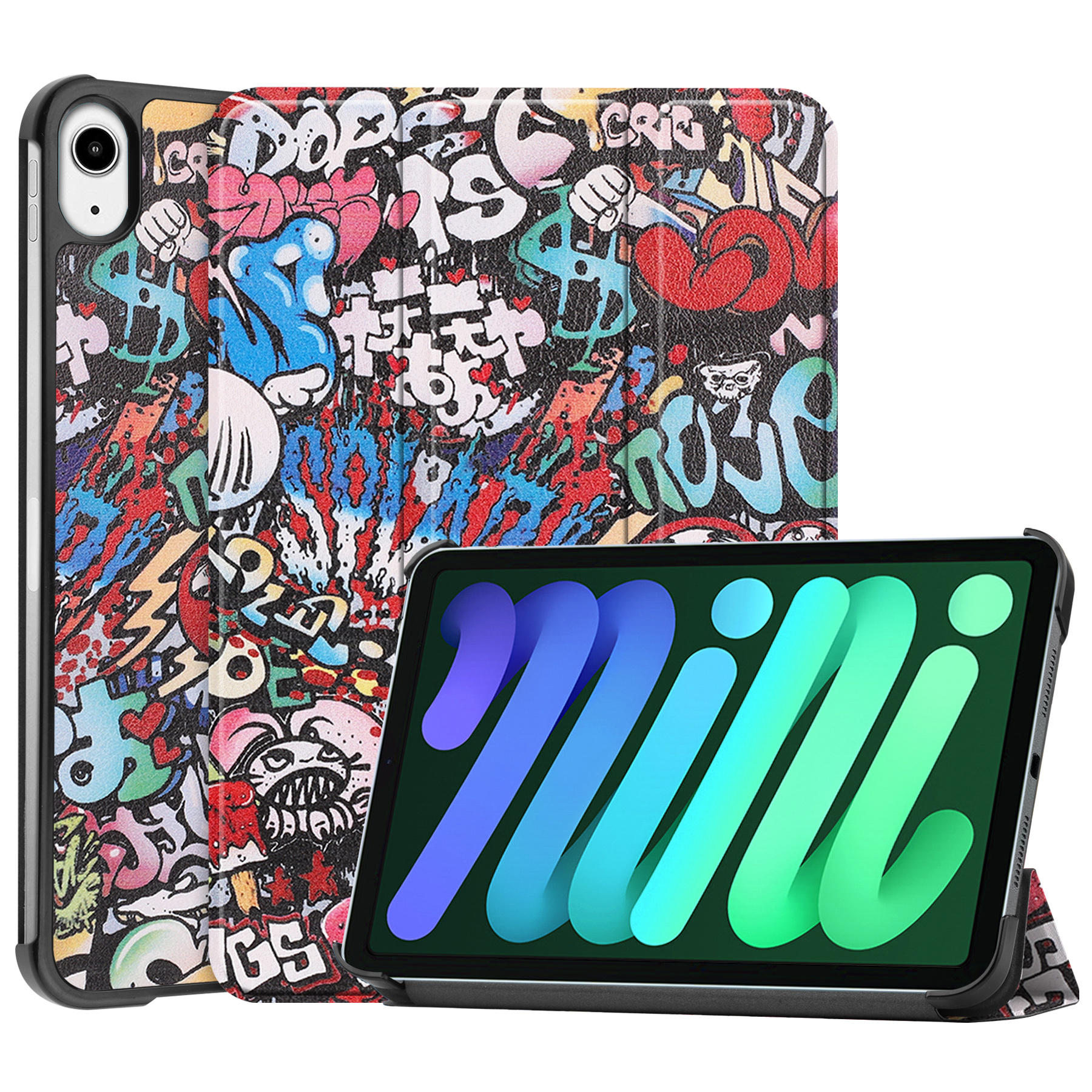 BASEY. Hoesje Geschikt voor iPad Mini 6 Hoes Case Tablet Hoesje Tri-fold - Hoes Geschikt voor iPad Mini 6 Hoesje Hard Cover Bookcase Hoes - Graffity