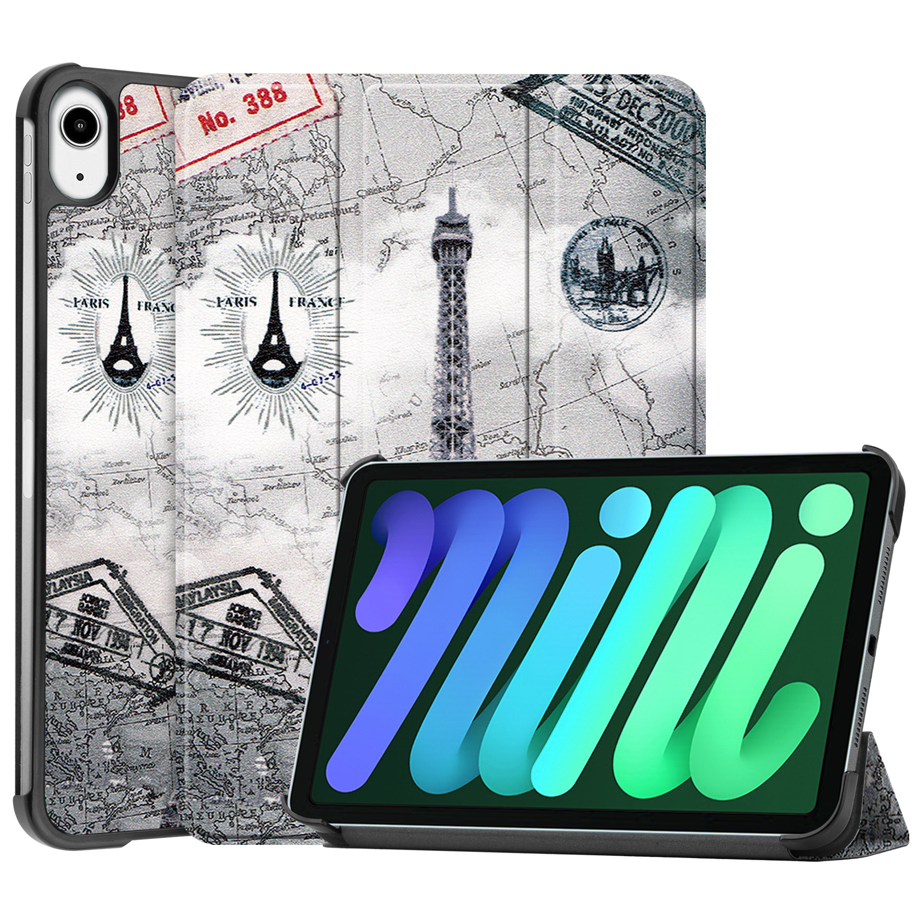 Nomfy Hoes Geschikt voor iPad Mini 6 Hoes Tri-fold Tablet Hoesje Case - Hoesje Geschikt voor iPad Mini 6 Hoesje Hardcover Bookcase - Eiffeltoren