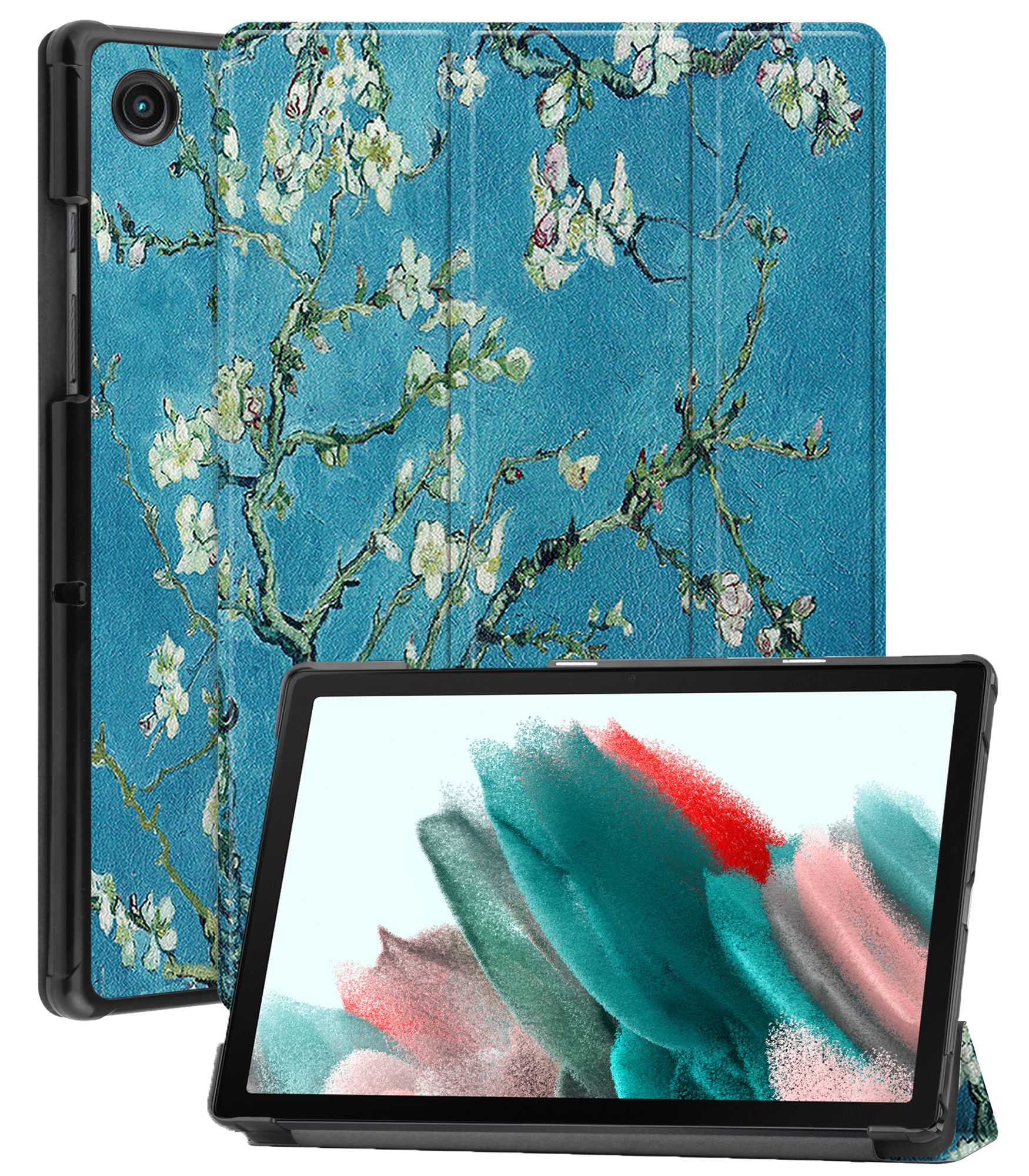 Nomfy Hoes Geschikt voor Samsung Galaxy Tab A8 Hoes Tri-fold Tablet Hoesje Case Met Screenprotector - Hoesje Geschikt voor Samsung Tab A8 Hoesje Hardcover Bookcase - Bloesem