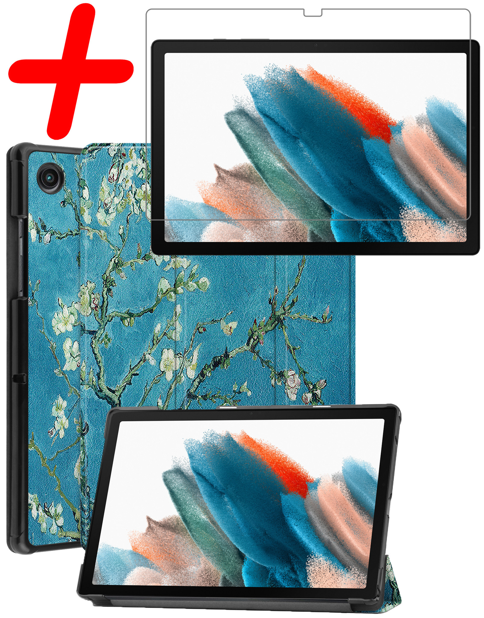 BASEY. Hoesje Geschikt voor Samsung Galaxy Tab A8 Hoes Case Tablet Hoesje Tri-fold Met Screenprotector - Hoes Geschikt voor Samsung Tab A8 Hoesje Hard Cover Bookcase Hoes - Bloesem
