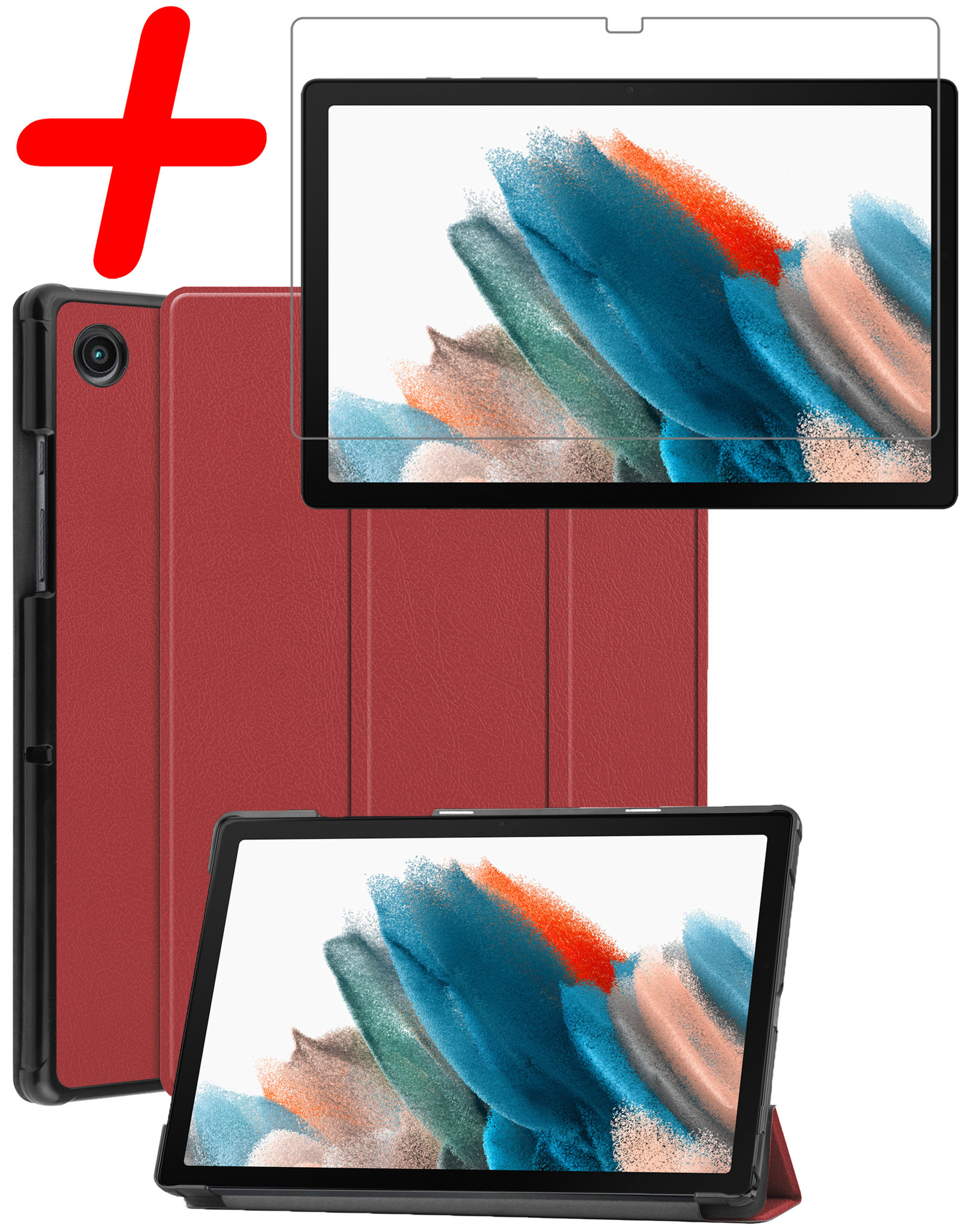 BASEY. Hoesje Geschikt voor Samsung Galaxy Tab A8 Hoes Case Tablet Hoesje Tri-fold Met Screenprotector - Hoes Geschikt voor Samsung Tab A8 Hoesje Hard Cover Bookcase Hoes - Donkerrood