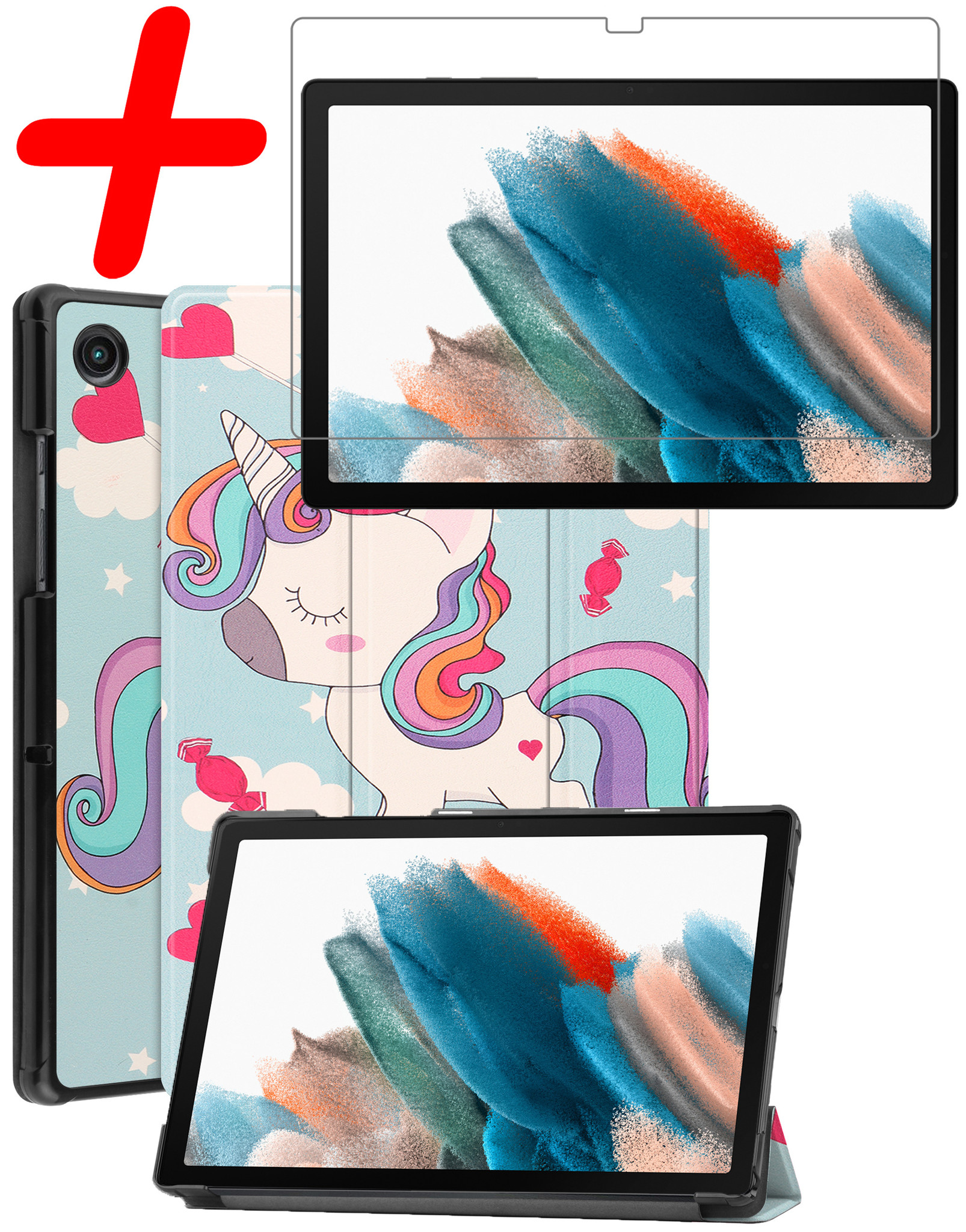 BASEY. Hoesje Geschikt voor Samsung Galaxy Tab A8 Hoes Case Tablet Hoesje Tri-fold Met Screenprotector - Hoes Geschikt voor Samsung Tab A8 Hoesje Hard Cover Bookcase Hoes - Eenhoorn