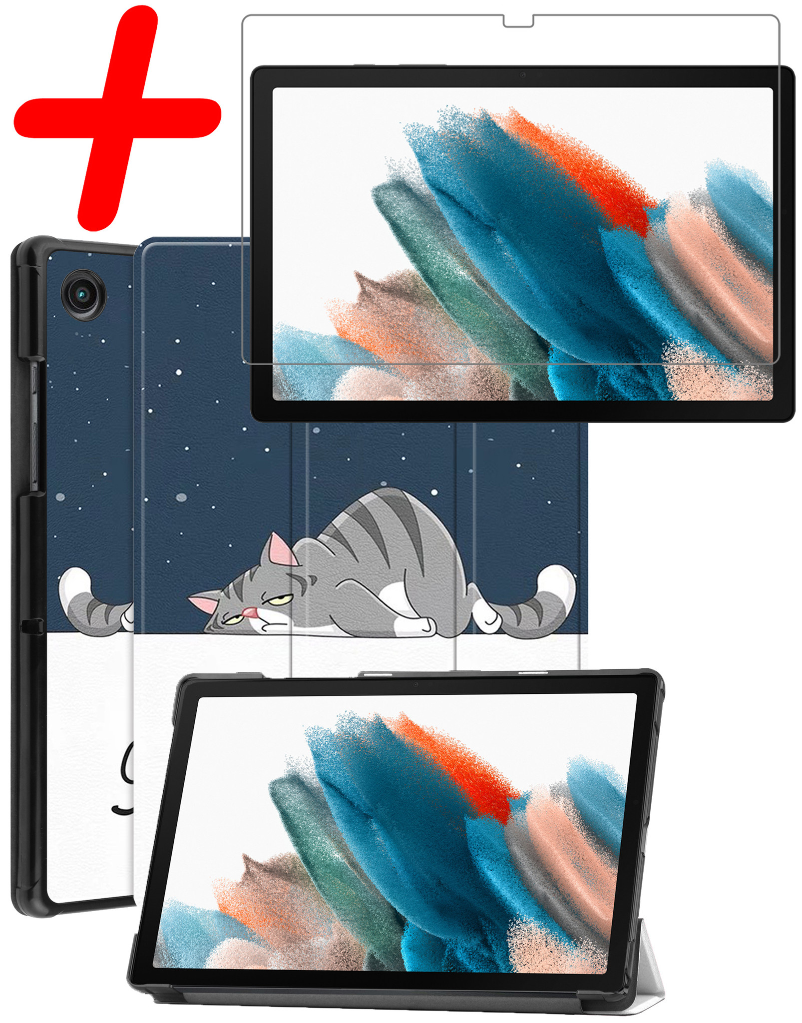 BASEY. Hoesje Geschikt voor Samsung Galaxy Tab A8 Hoes Case Tablet Hoesje Tri-fold Met Screenprotector - Hoes Geschikt voor Samsung Tab A8 Hoesje Hard Cover Bookcase Hoes - Kat