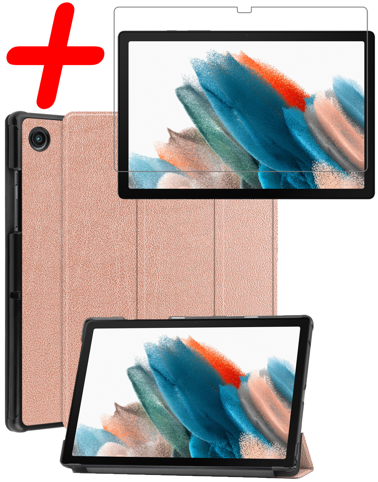 BASEY. Hoesje Geschikt voor Samsung Galaxy Tab A8 Hoes Case Tablet Hoesje Tri-fold Met Screenprotector - Hoes Geschikt voor Samsung Tab A8 Hoesje Hard Cover Bookcase Hoes - Rosé goud