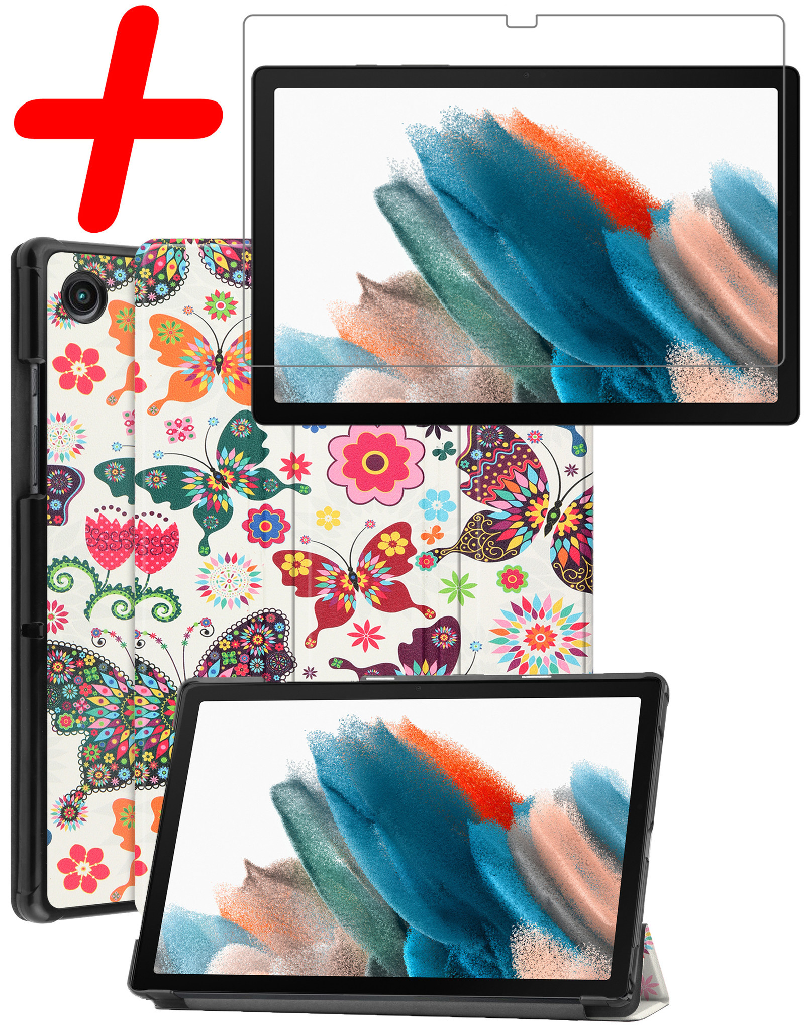 BASEY. Hoesje Geschikt voor Samsung Galaxy Tab A8 Hoes Case Tablet Hoesje Tri-fold Met Screenprotector - Hoes Geschikt voor Samsung Tab A8 Hoesje Hard Cover Bookcase Hoes - Vlinders