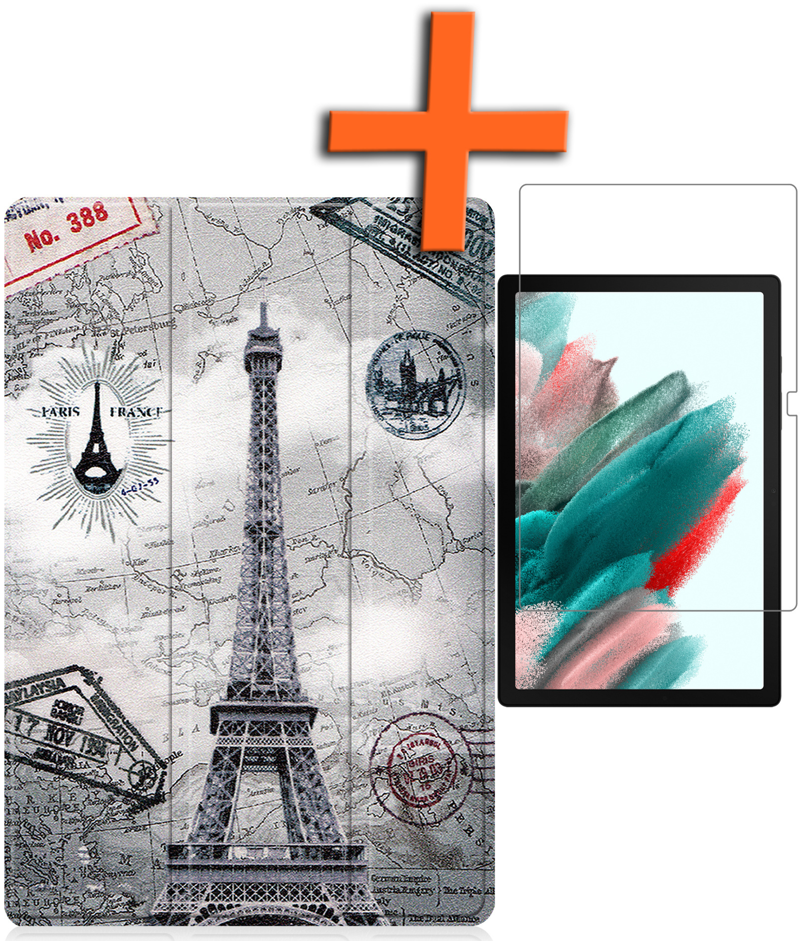 Nomfy Hoes Geschikt voor Samsung Galaxy Tab A8 Hoes Tri-fold Tablet Hoesje Case Met Screenprotector - Hoesje Geschikt voor Samsung Tab A8 Hoesje Hardcover Bookcase - Eiffeltoren
