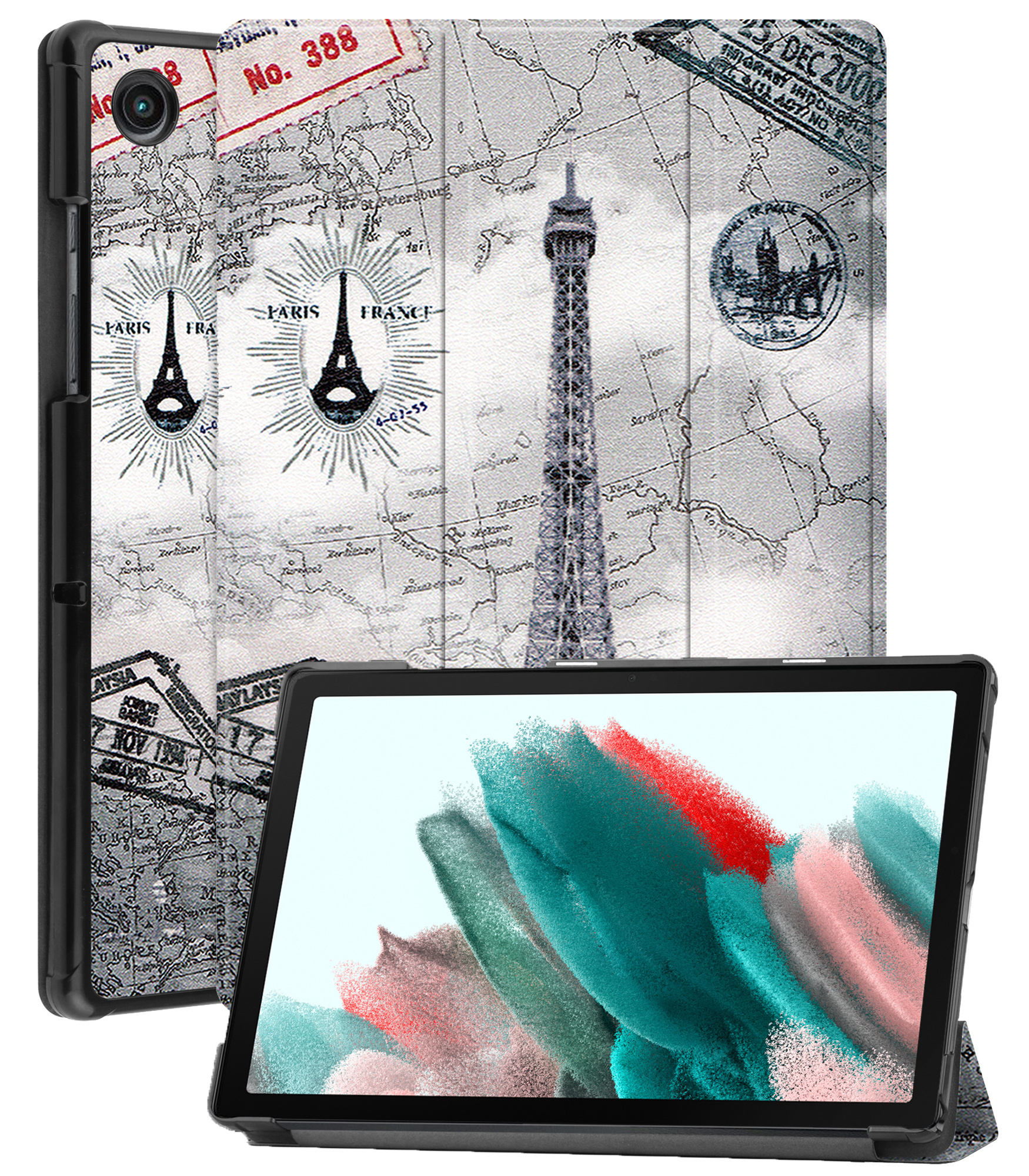 Nomfy Hoes Geschikt voor Samsung Galaxy Tab A8 Hoes Tri-fold Tablet Hoesje Case Met Screenprotector - Hoesje Geschikt voor Samsung Tab A8 Hoesje Hardcover Bookcase - Eiffeltoren