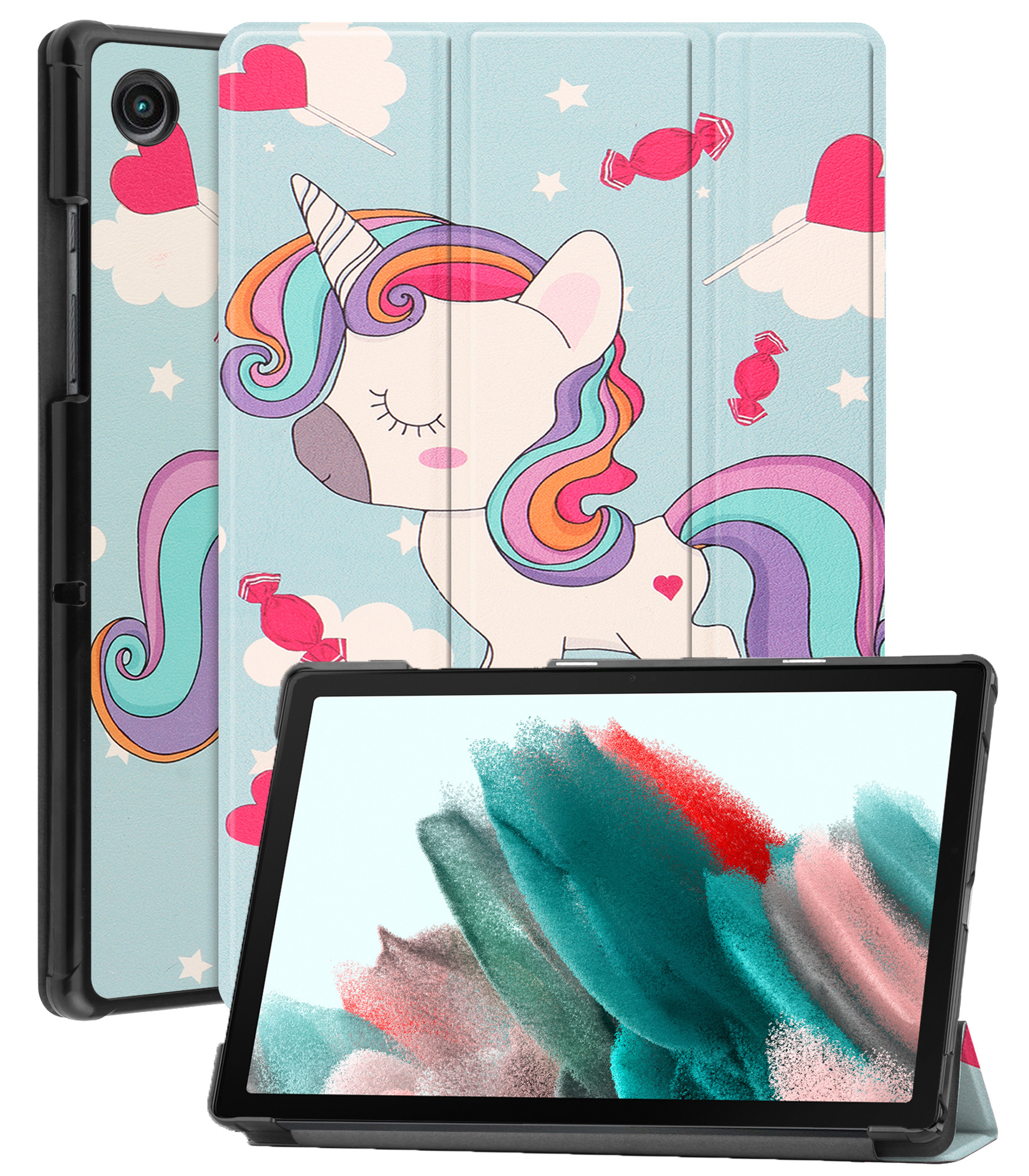 Nomfy Hoes Geschikt voor Samsung Galaxy Tab A8 Hoes Tri-fold Tablet Hoesje Case Met Screenprotector - Hoesje Geschikt voor Samsung Tab A8 Hoesje Hardcover Bookcase - Eenhoorn