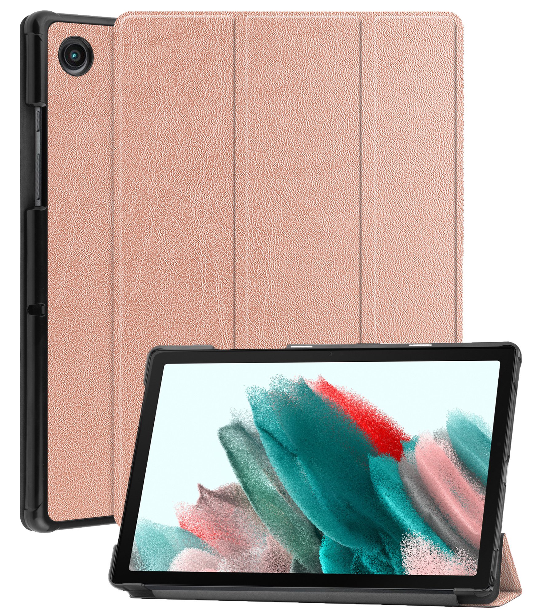 Nomfy Hoes Geschikt voor Samsung Galaxy Tab A8 Hoes Tri-fold Tablet Hoesje Case Met Screenprotector - Hoesje Geschikt voor Samsung Tab A8 Hoesje Hardcover Bookcase - Rosé goud