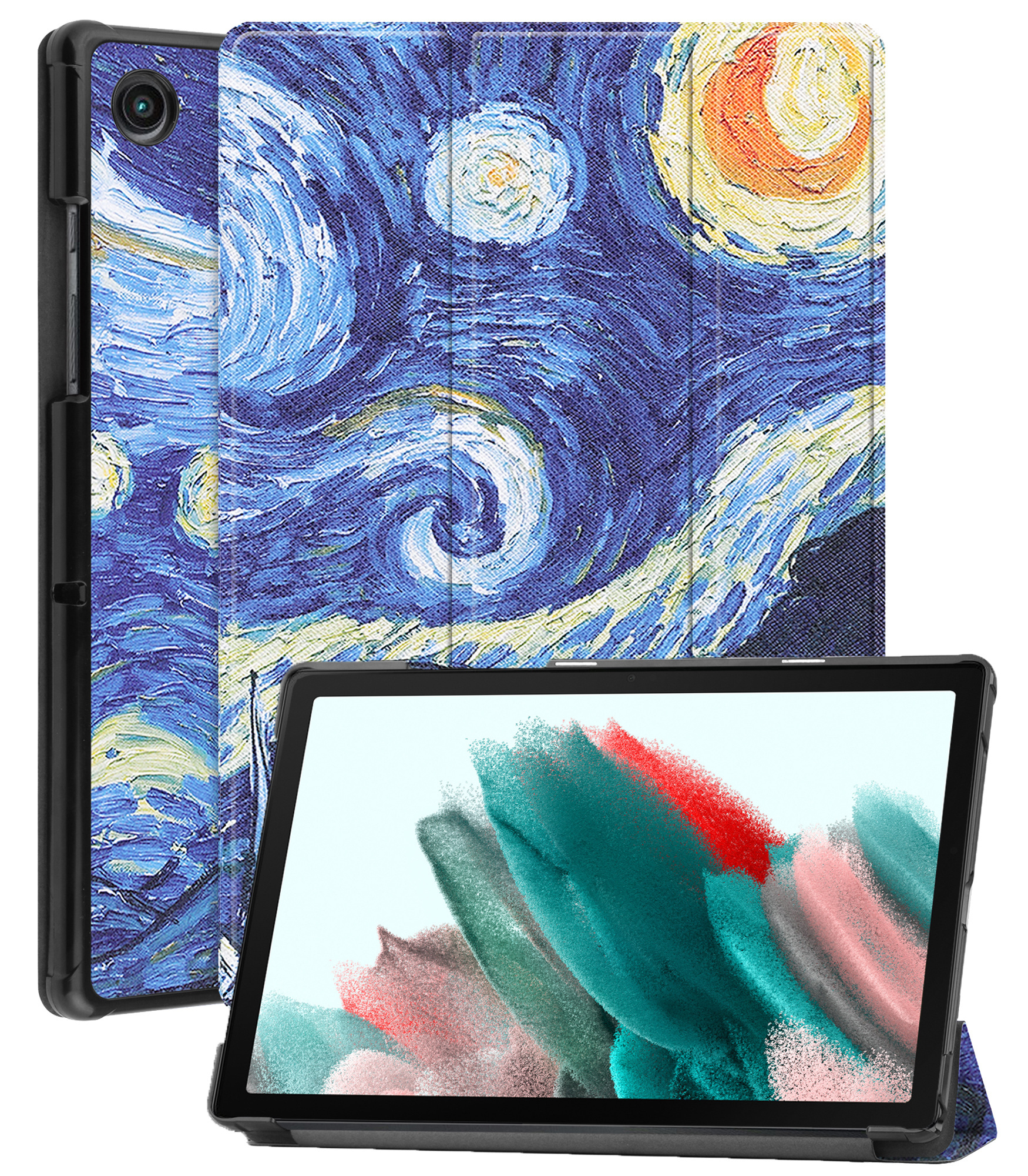 Nomfy Hoes Geschikt voor Samsung Galaxy Tab A8 Hoes Tri-fold Tablet Hoesje Case Met Screenprotector - Hoesje Geschikt voor Samsung Tab A8 Hoesje Hardcover Bookcase - Sterrenhemel