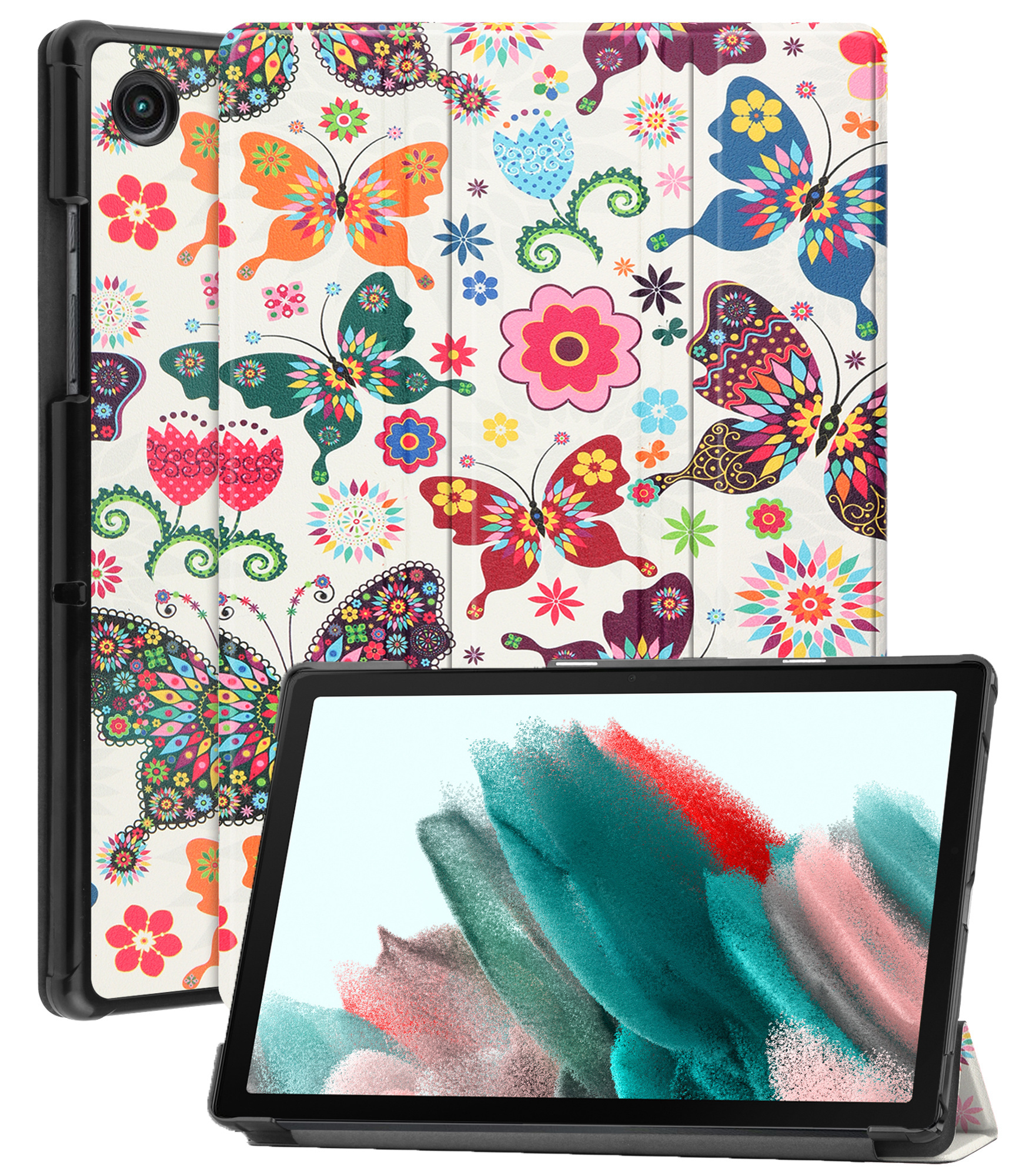 Nomfy Hoes Geschikt voor Samsung Galaxy Tab A8 Hoes Tri-fold Tablet Hoesje Case Met Screenprotector - Hoesje Geschikt voor Samsung Tab A8 Hoesje Hardcover Bookcase - Vlinders