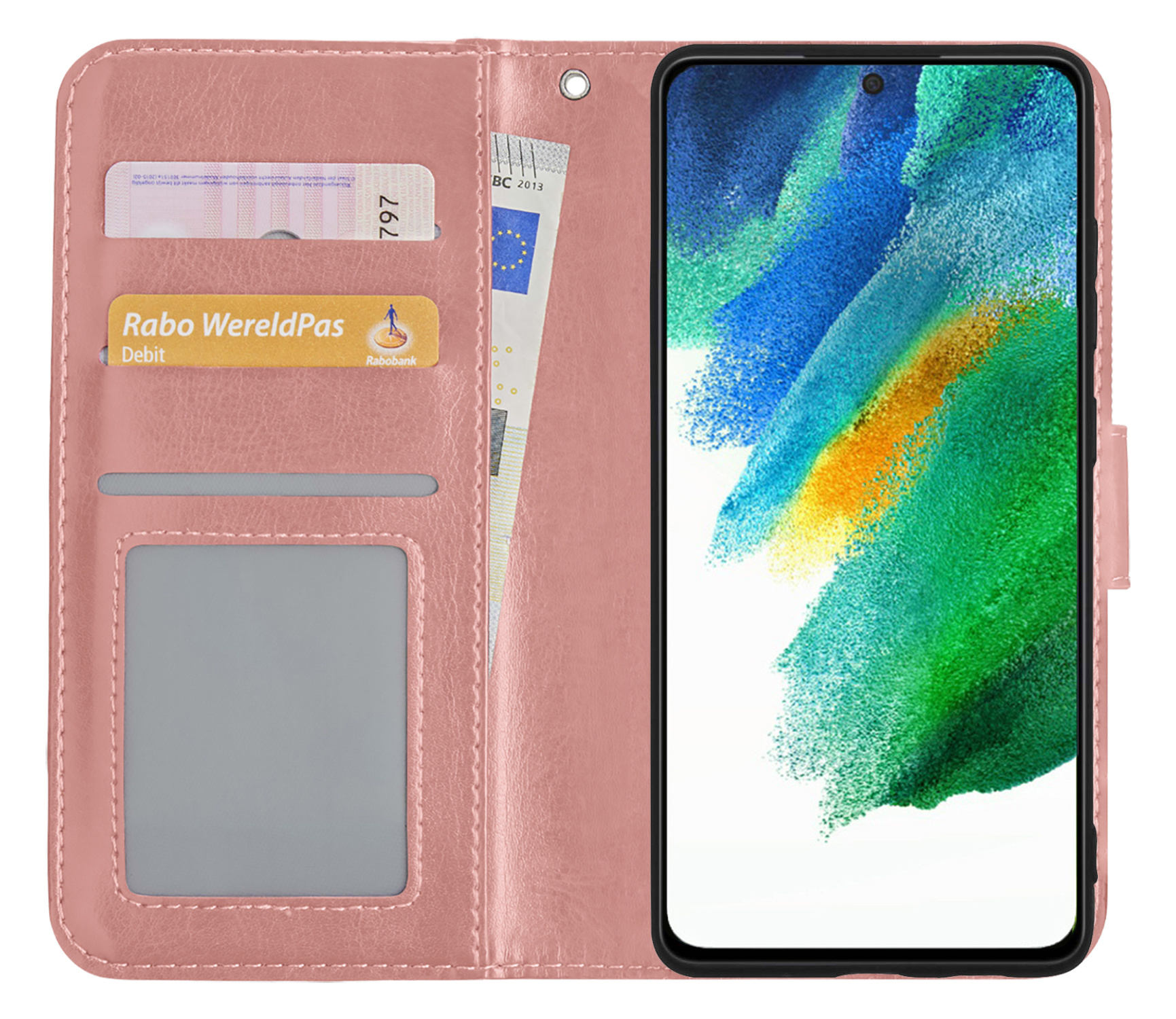 BASEY. Hoes Geschikt voor Samsung S21 FE Hoesje Bookcase Hoes Flip Case Book Cover - Hoesje Geschikt voor Samsung Galaxy S21 FE Hoes Book Case Hoesje - Rosé goud