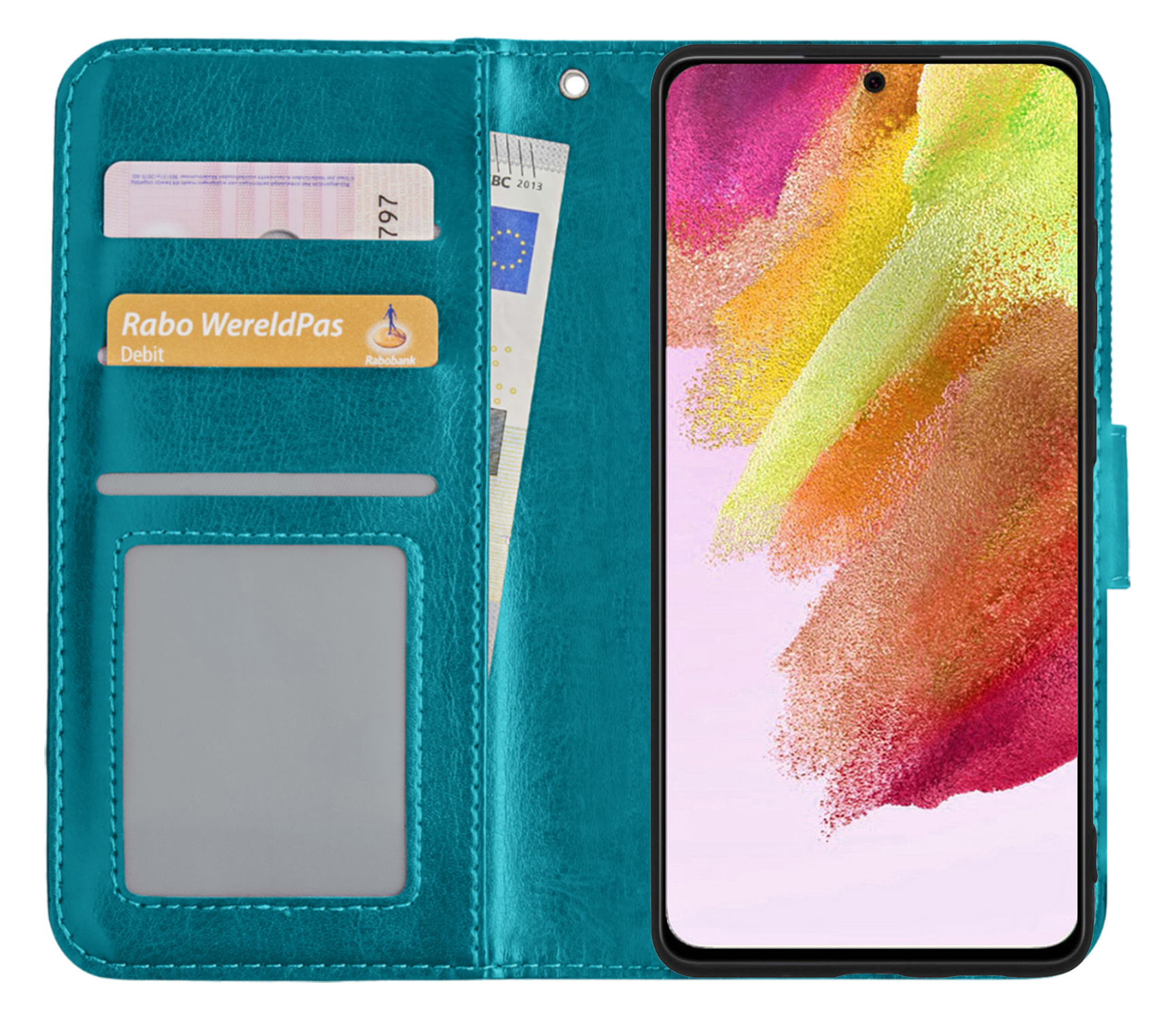 NoXx Hoes Geschikt voor Samsung S21 FE Hoesje Book Case Hoes Flip Cover Wallet Bookcase - Turquoise