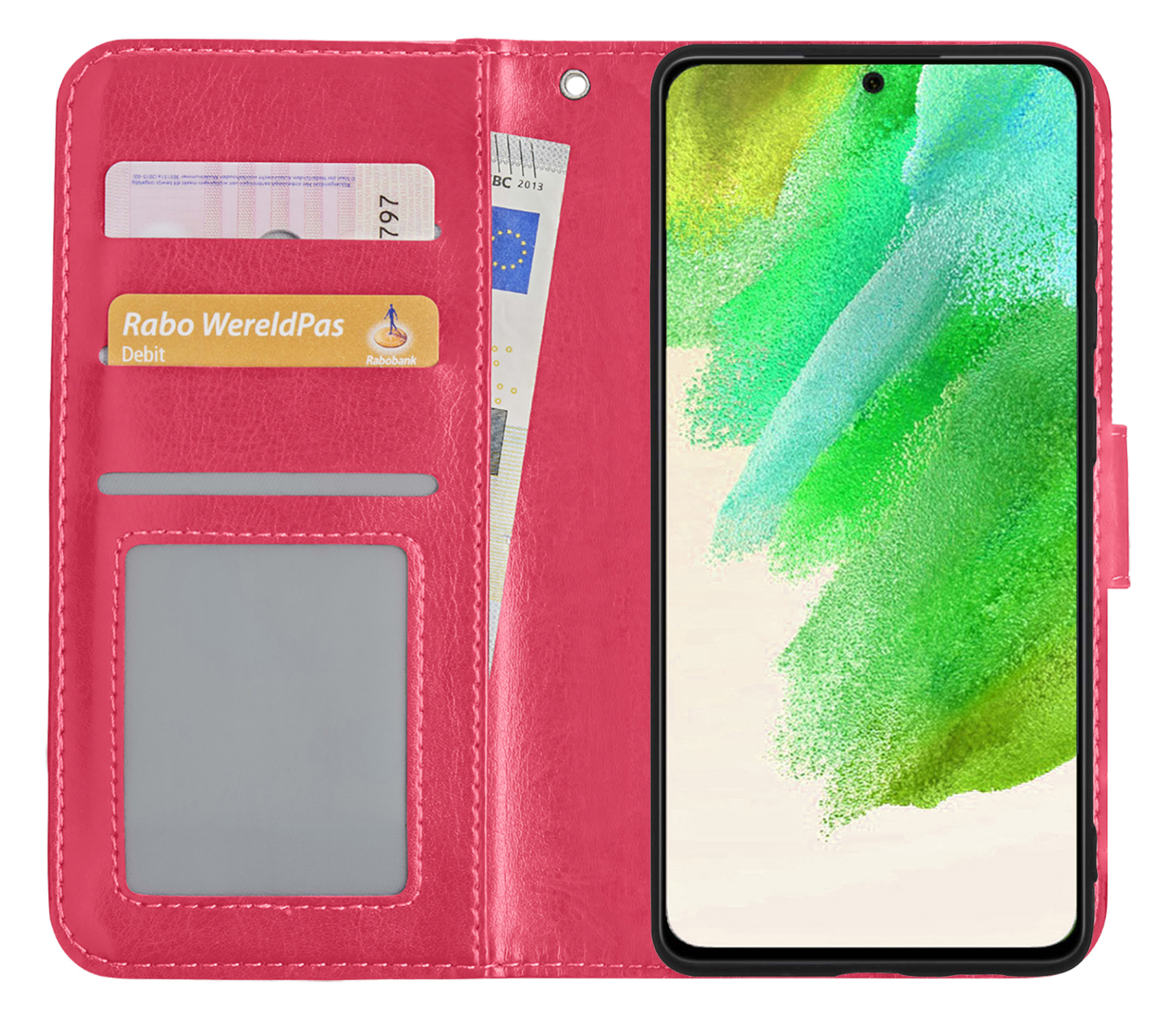 Nomfy Hoesje Geschikt voor Samsung S21 FE Hoes Bookcase Flipcase Book Cover - Hoes Geschikt voor Samsung Galaxy S21 FE Hoesje Book Case - Donkerroze