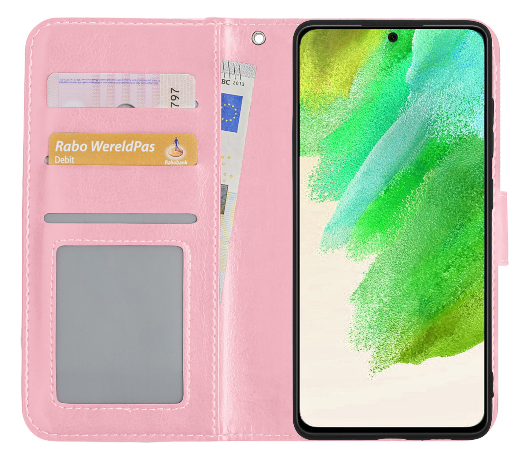 Nomfy Hoesje Geschikt voor Samsung S21 FE Hoes Bookcase Flipcase Book Cover - Hoes Geschikt voor Samsung Galaxy S21 FE Hoesje Book Case - Lichtroze