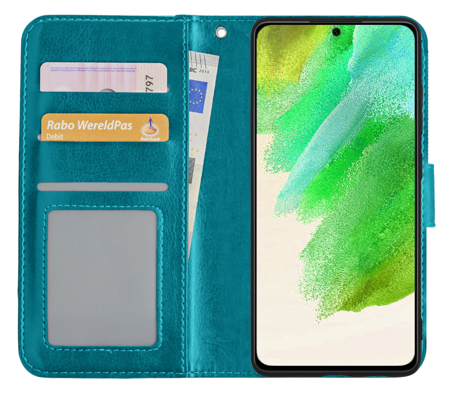 Nomfy Hoesje Geschikt voor Samsung S21 FE Hoes Bookcase Flipcase Book Cover - Hoes Geschikt voor Samsung Galaxy S21 FE Hoesje Book Case - Turquoise