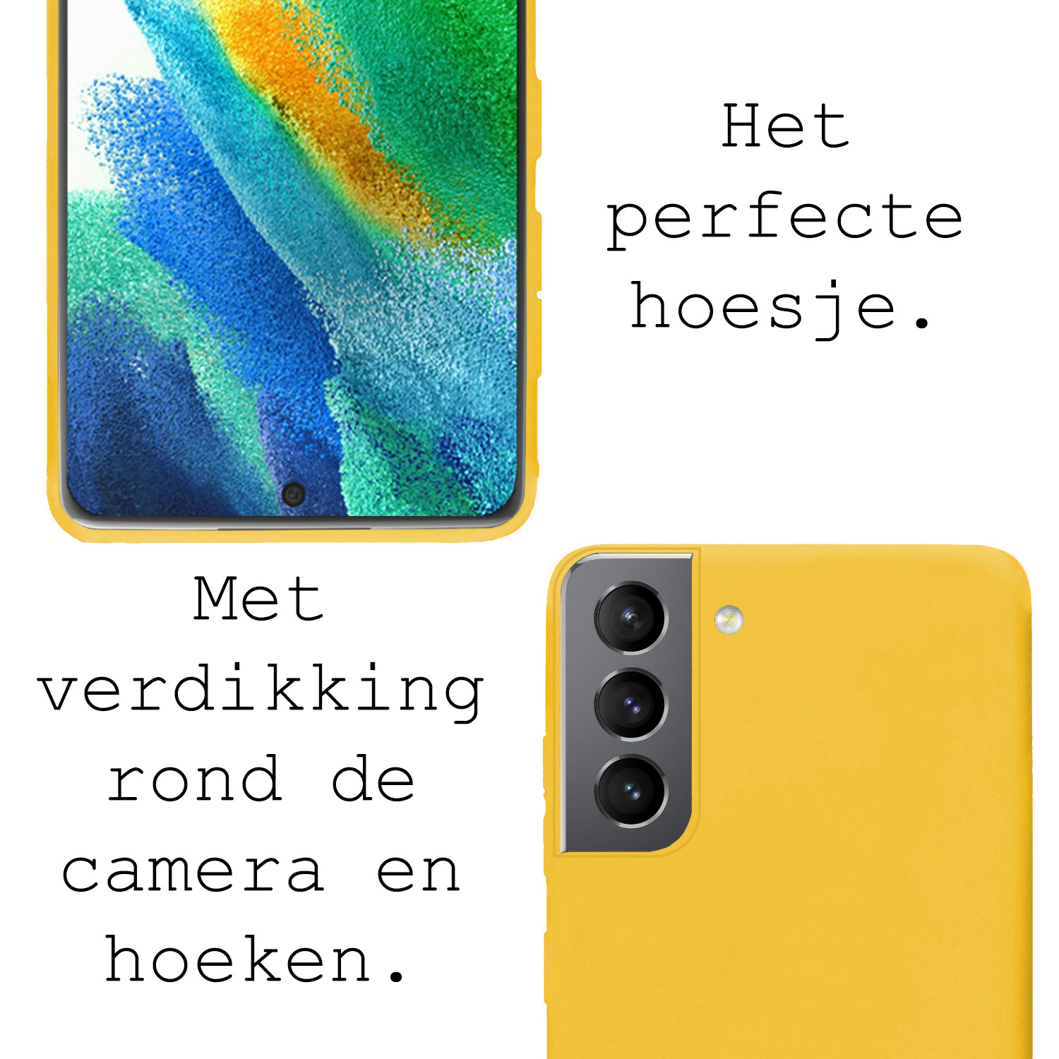 BASEY. Hoes Geschikt voor Samsung S21 FE Hoesje Siliconen Back Cover Case Met Screenprotector - Hoesje Geschikt voor Samsung Galaxy S21 FE Hoes Cover Hoesje - Geel