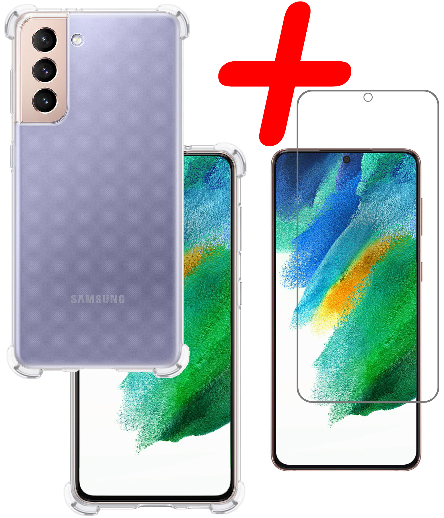 BASEY. Hoes Geschikt voor Samsung S21 FE Hoesje Shock Proof Case Hoes Siliconen Met Screenprotector - Hoesje Geschikt voor Samsung Galaxy S21 FE Hoes Cover Shockproof - Transparant