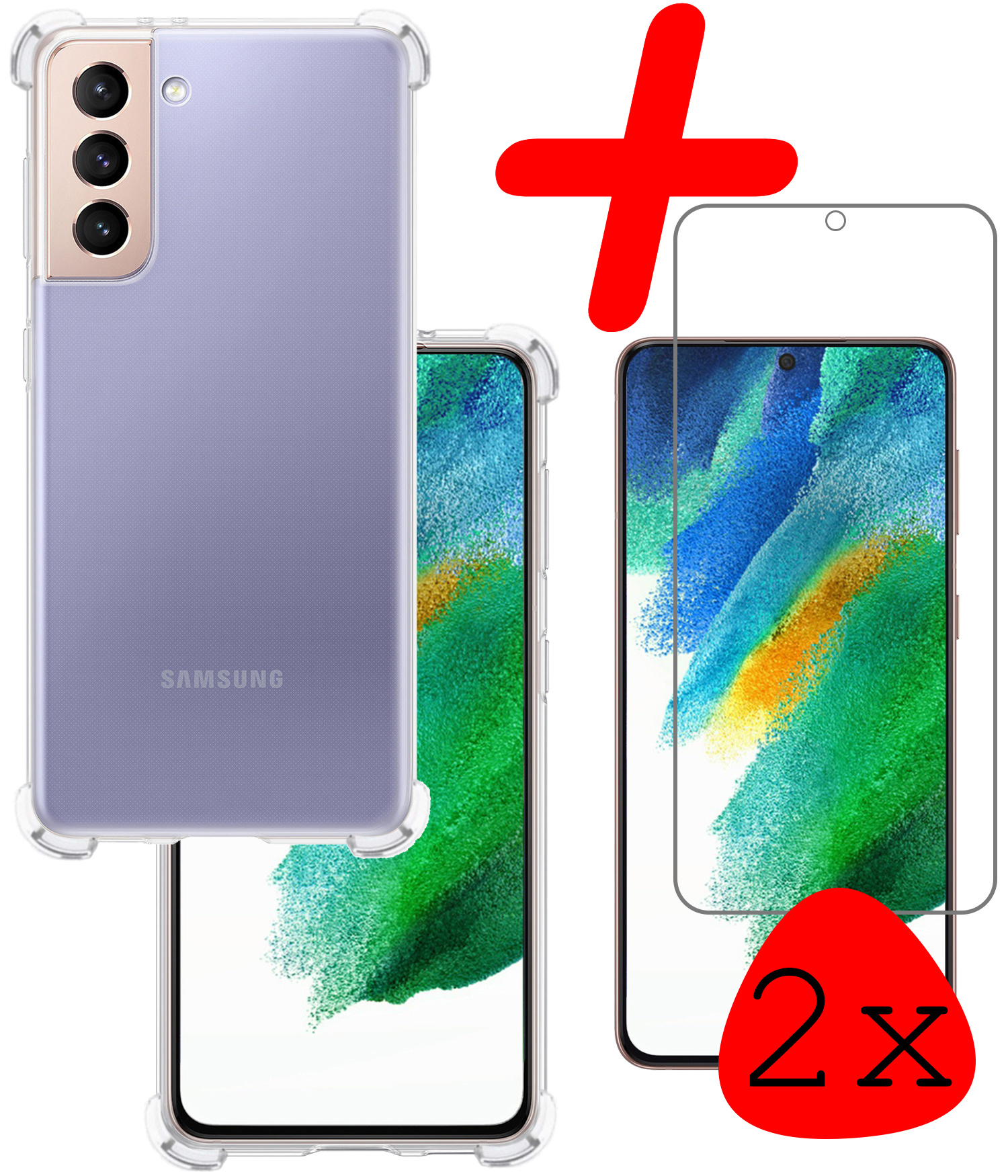 BASEY. Hoes Geschikt voor Samsung S21 FE Hoesje Shock Proof Case Hoes Siliconen Met 2x Screenprotector - Hoesje Geschikt voor Samsung Galaxy S21 FE Hoes Cover Shockproof - Transparant