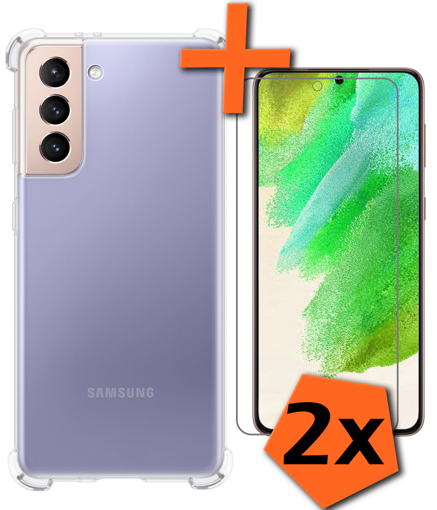 Nomfy Hoesje Geschikt voor Samsung S21 FE Hoesje Shock Proof Cover Case Shockproof Met 2x Screenprotector - Hoes Geschikt voor Samsung Galaxy S21 FE Hoes Siliconen Back Case - Transparant