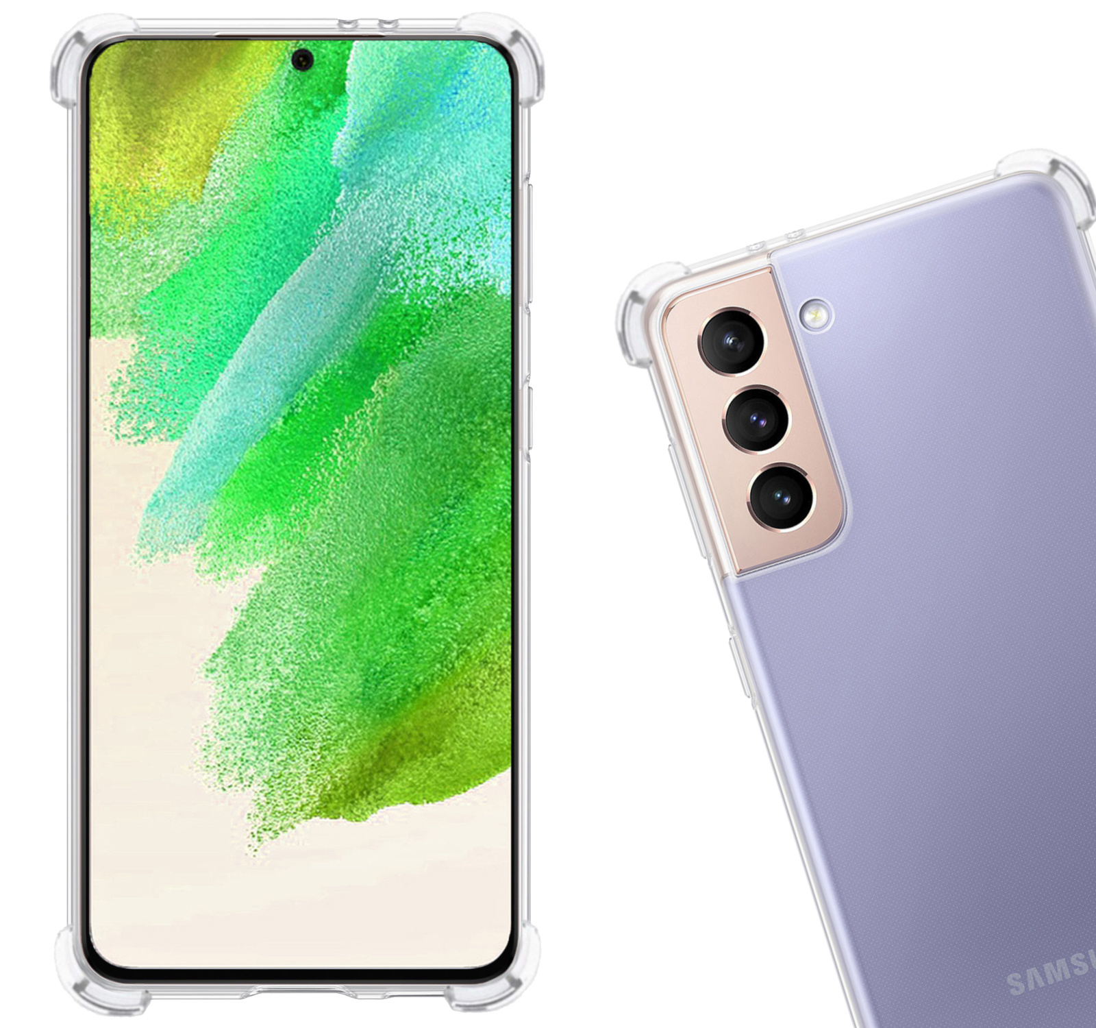 Nomfy Hoesje Geschikt voor Samsung S21 FE Hoesje Shock Proof Cover Case Shockproof Met 2x Screenprotector - Hoes Geschikt voor Samsung Galaxy S21 FE Hoes Siliconen Back Case - Transparant
