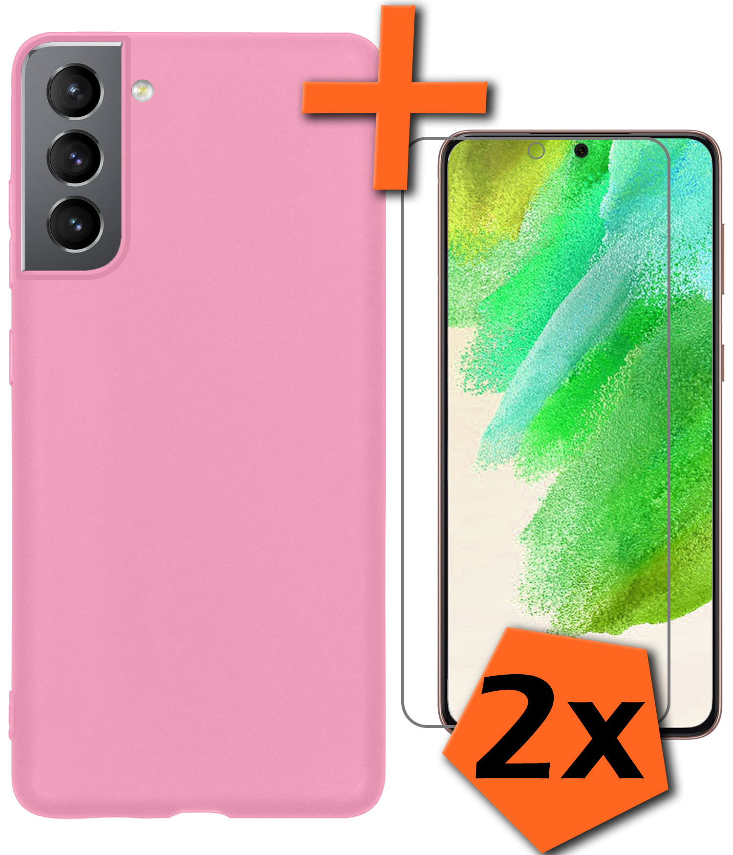 Nomfy Hoesje Geschikt voor Samsung S21 FE Hoesje Siliconen Cover Case Met 2x Screenprotector - Hoes Geschikt voor Samsung Galaxy S21 FE Hoes Back Case - Lichtroze