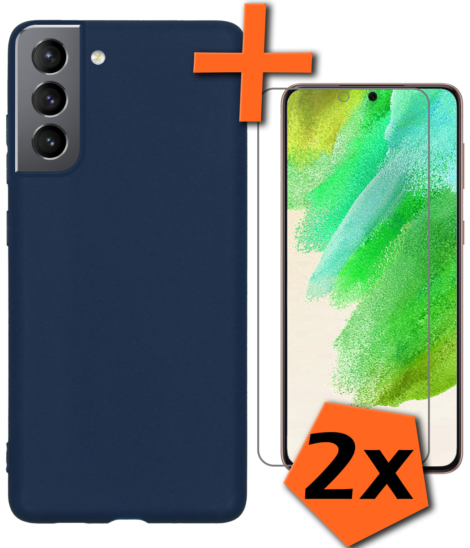 Nomfy Hoesje Geschikt voor Samsung S21 FE Hoesje Siliconen Cover Case Met 2x Screenprotector - Hoes Geschikt voor Samsung Galaxy S21 FE Hoes Back Case - Donkerblauw