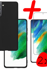 BASEY. Hoes Geschikt voor Samsung S21 FE Hoesje Siliconen Back Cover Case Met 2x Screenprotector - Hoesje Geschikt voor Samsung Galaxy S21 FE Hoes Cover Hoesje - Zwart