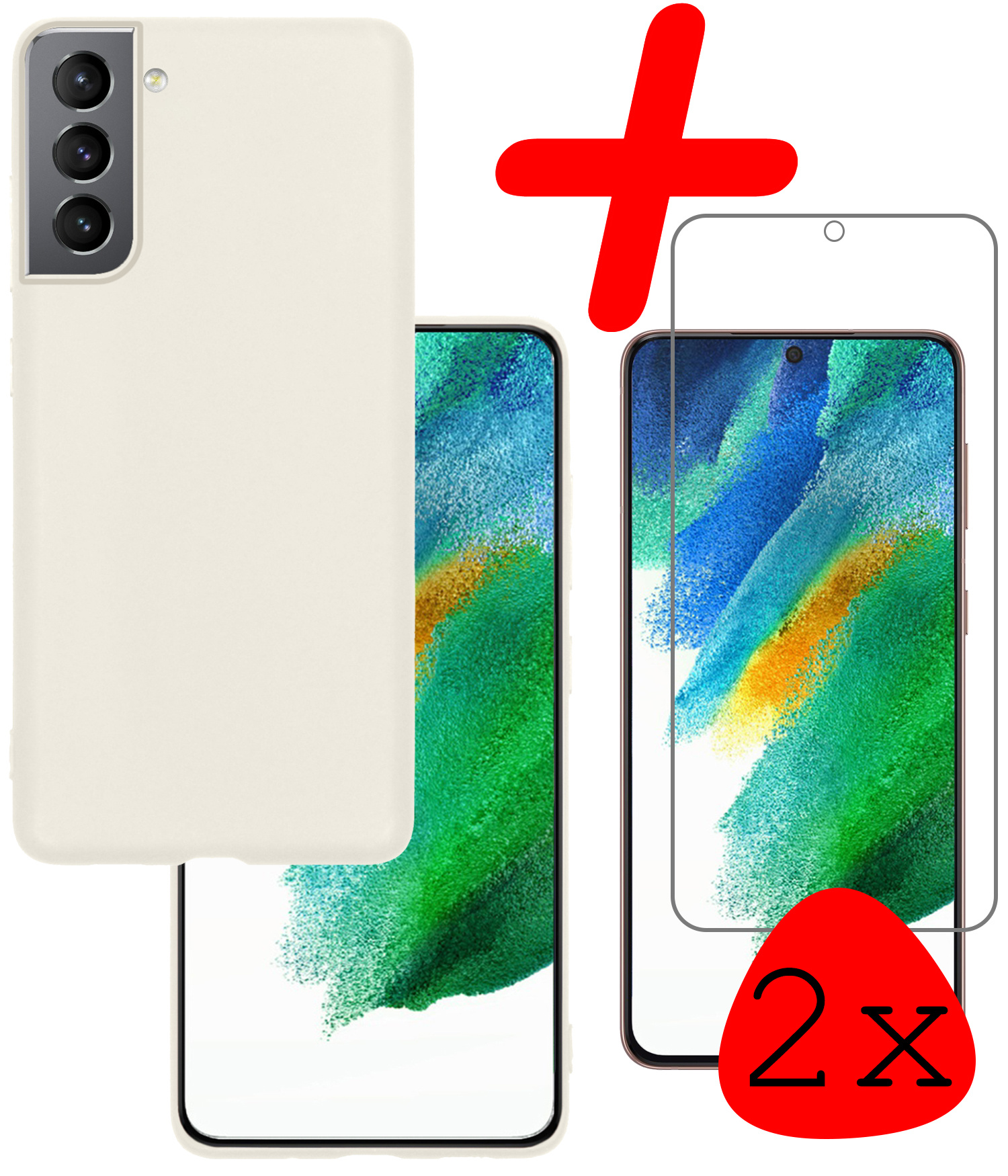 BASEY. Hoes Geschikt voor Samsung S21 FE Hoesje Siliconen Back Cover Case Met 2x Screenprotector - Hoesje Geschikt voor Samsung Galaxy S21 FE Hoes Cover Hoesje - Wit